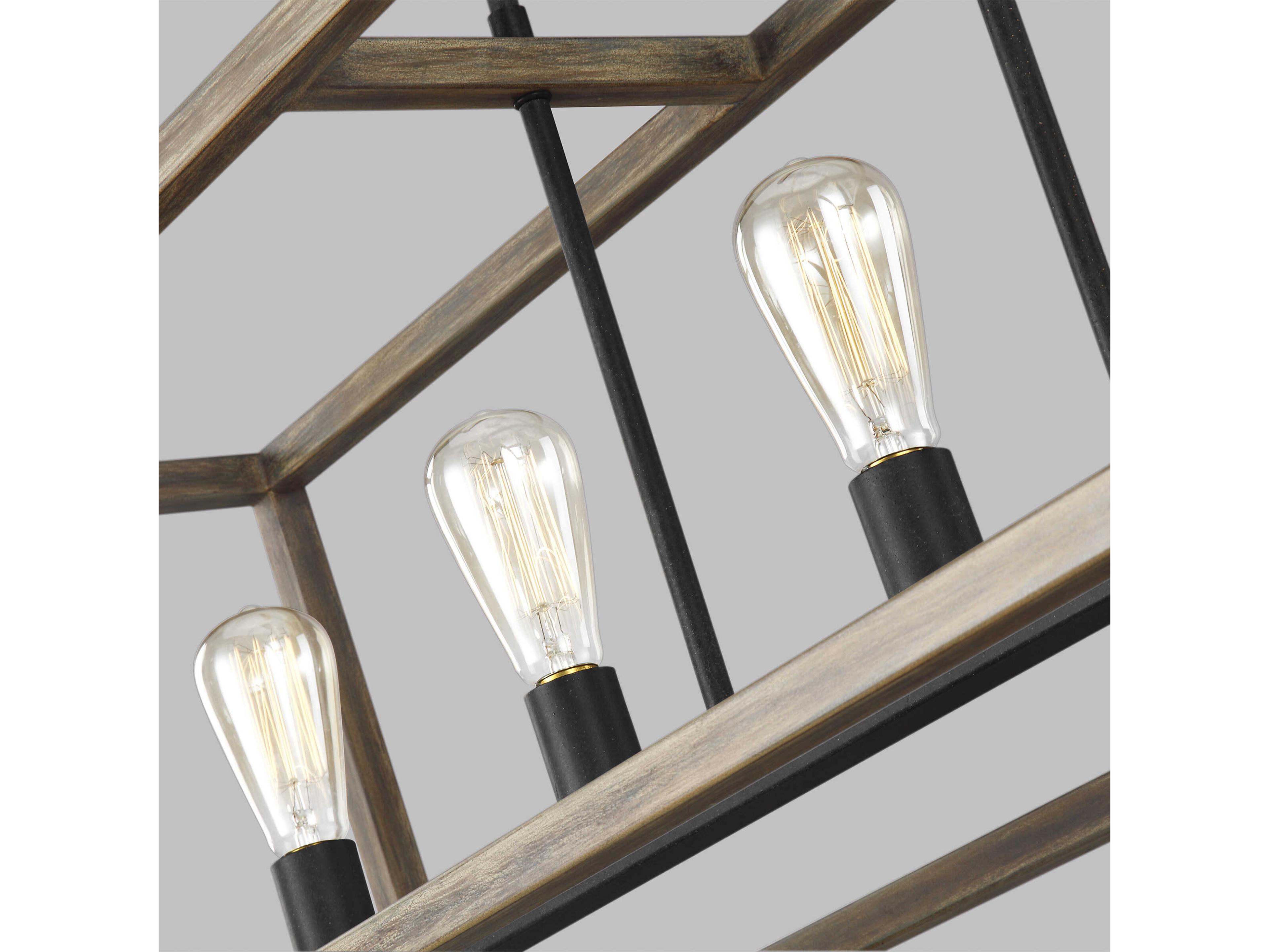 Visual Comfort Studio Gannet 5-Light Weathered Oak Wood Antique Forged Iron Brown Linear Island Pendant