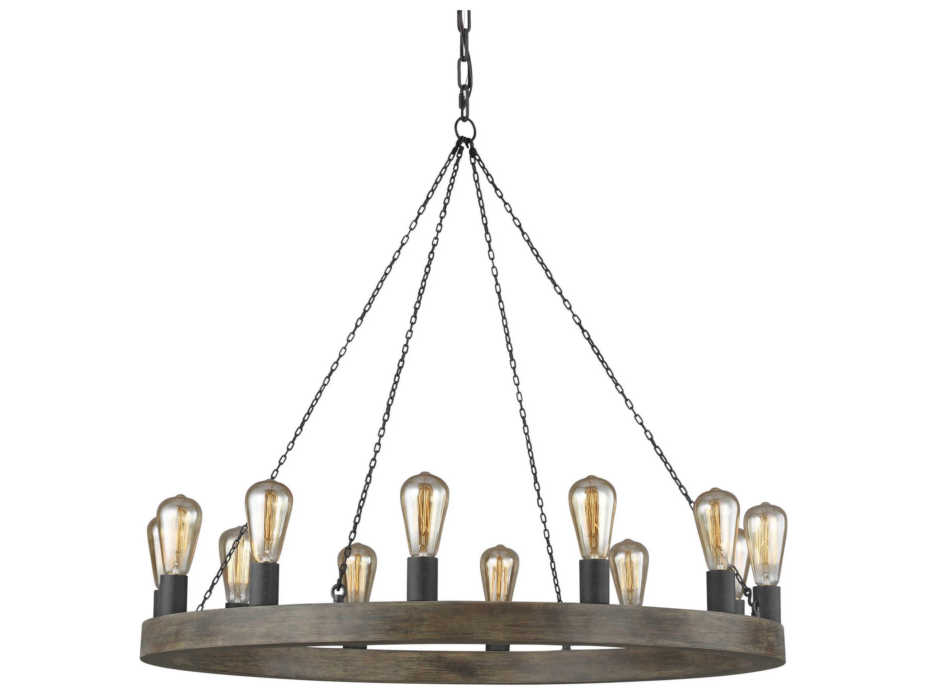 Visual Comfort Studio Avenir 12-Light Weathered Oak Wood Antique Forged Iron Gray Chandelier