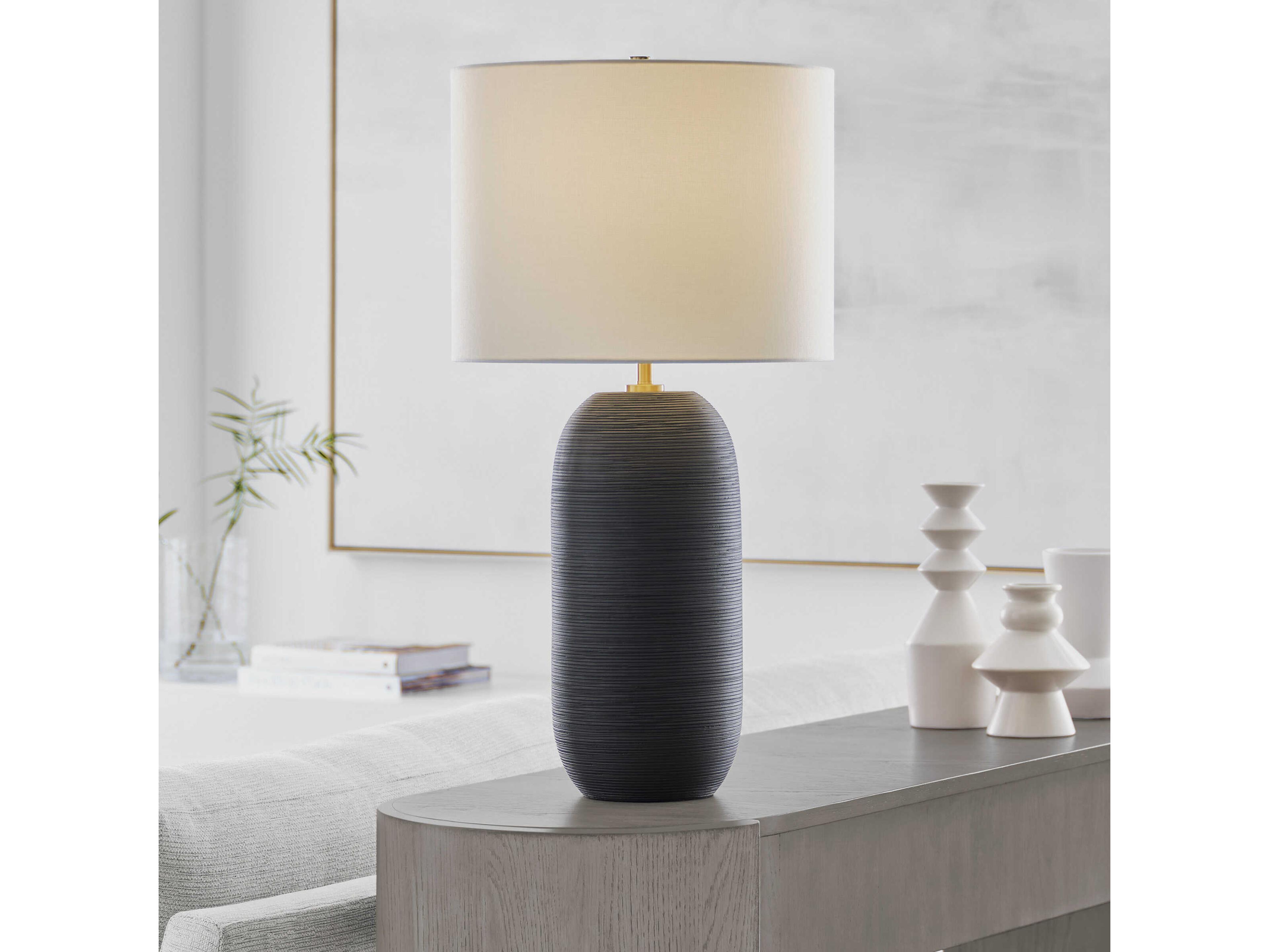 Visual Comfort Studio Fanny Rough Black Ceramic White Linen Fabric Buffet Lamp