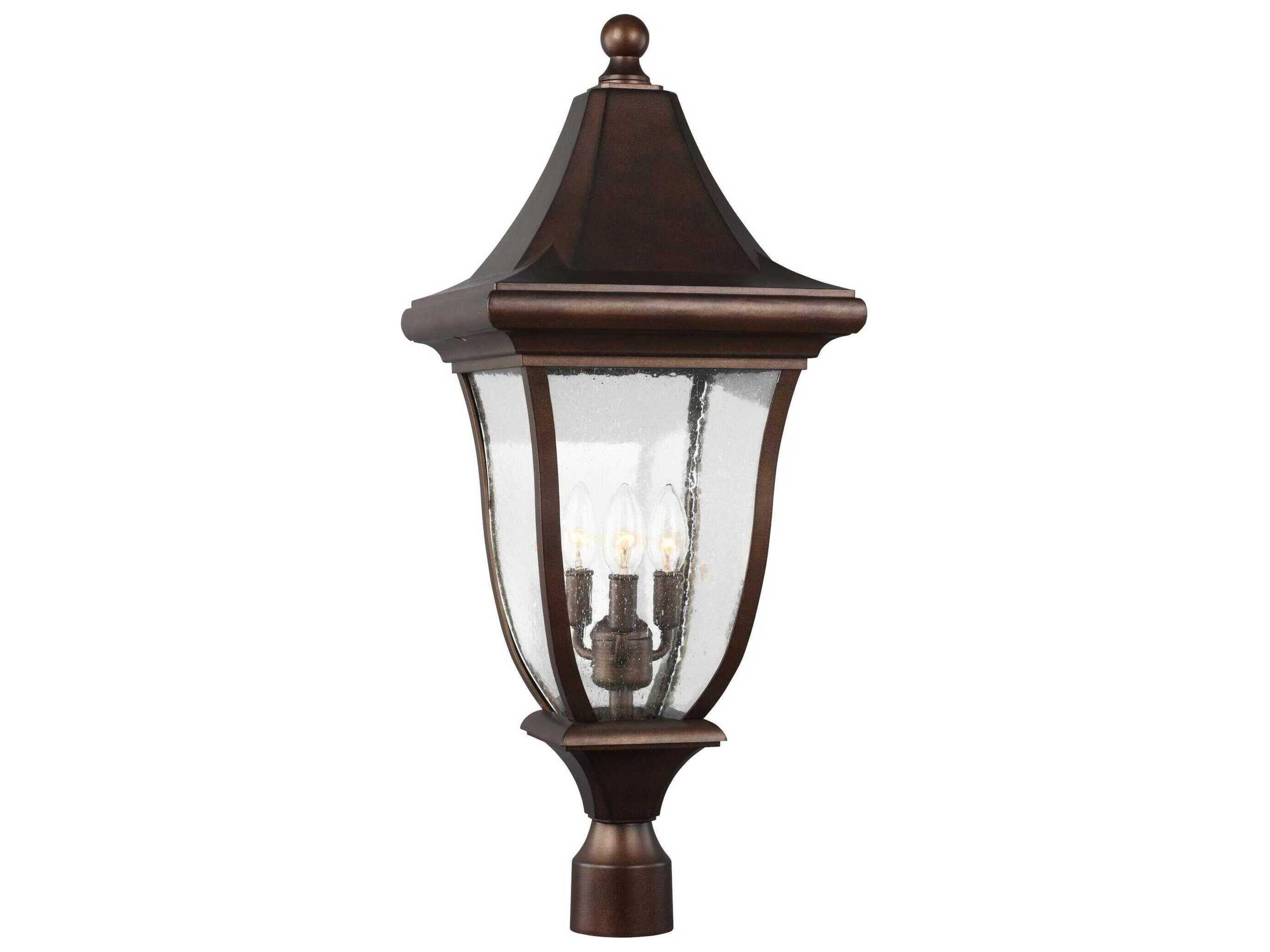 3 Light Outdoor Post Lantern Oakmont Patina Bronze Clear Seeded Glass