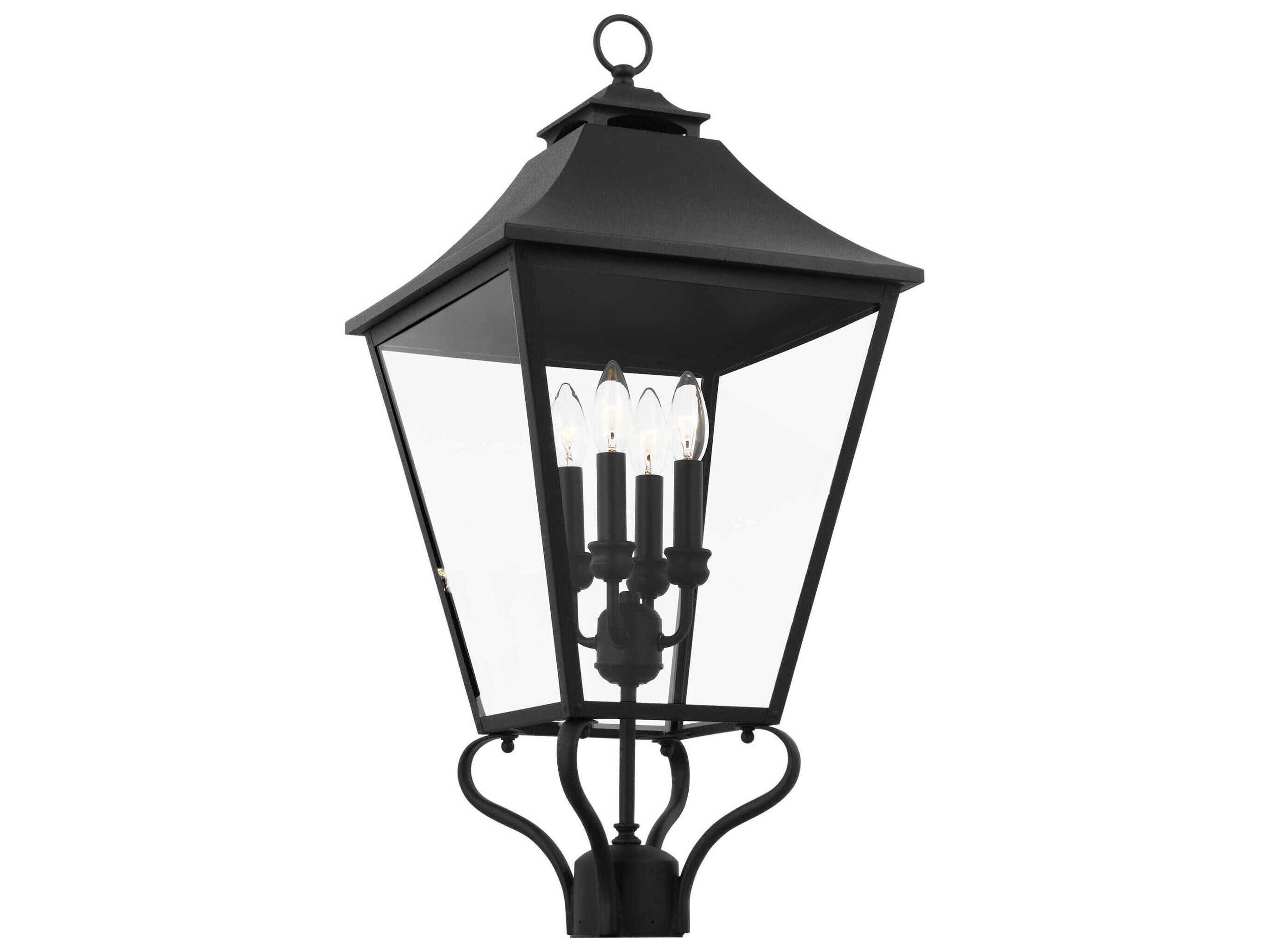 Outdoor Post Lantern Galena Textured Black Clear Seeded Glass