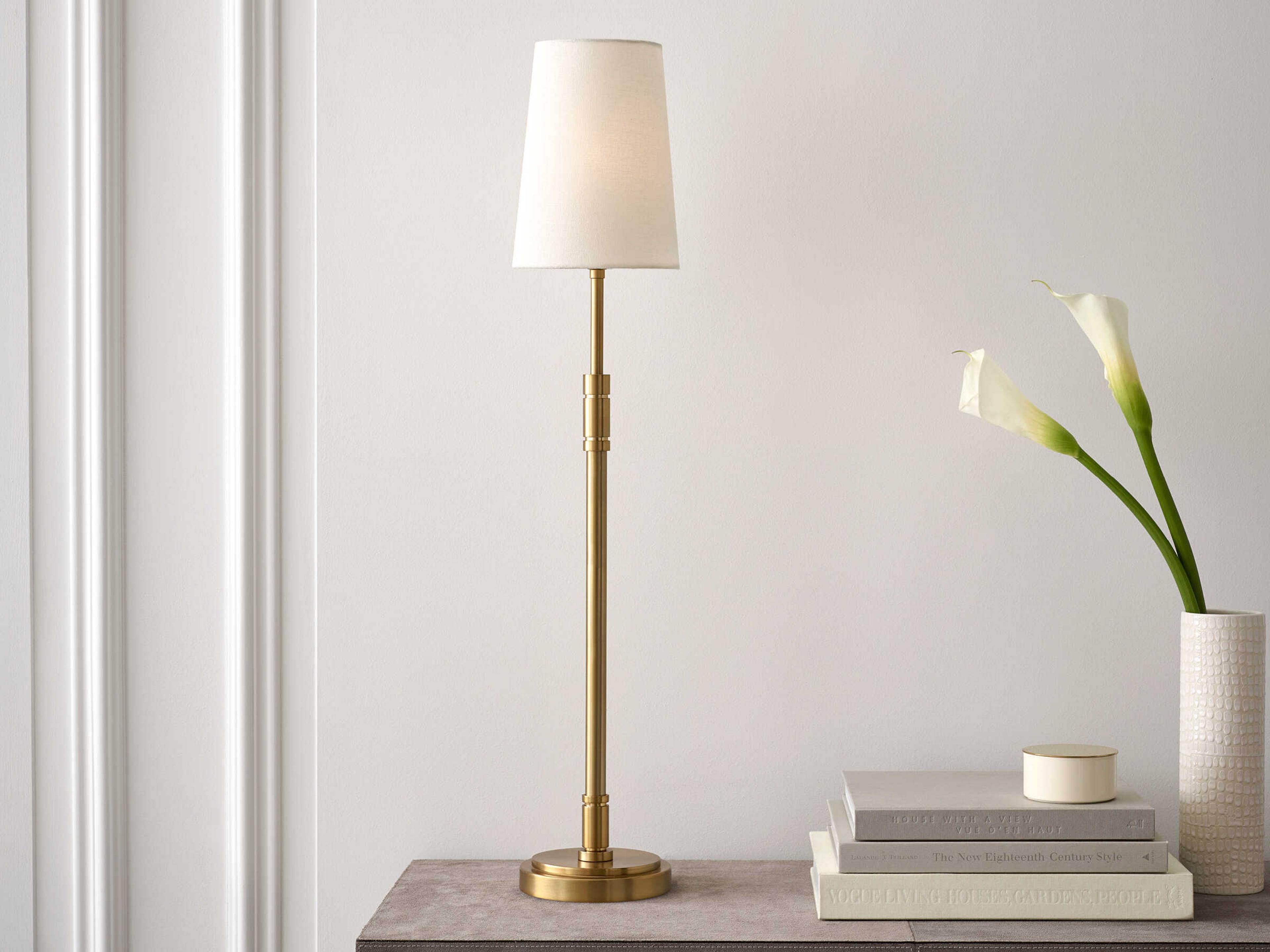 Visual Comfort Studio Beckham Classic Burnished Brass White Linen Fabric Buffet Lamp