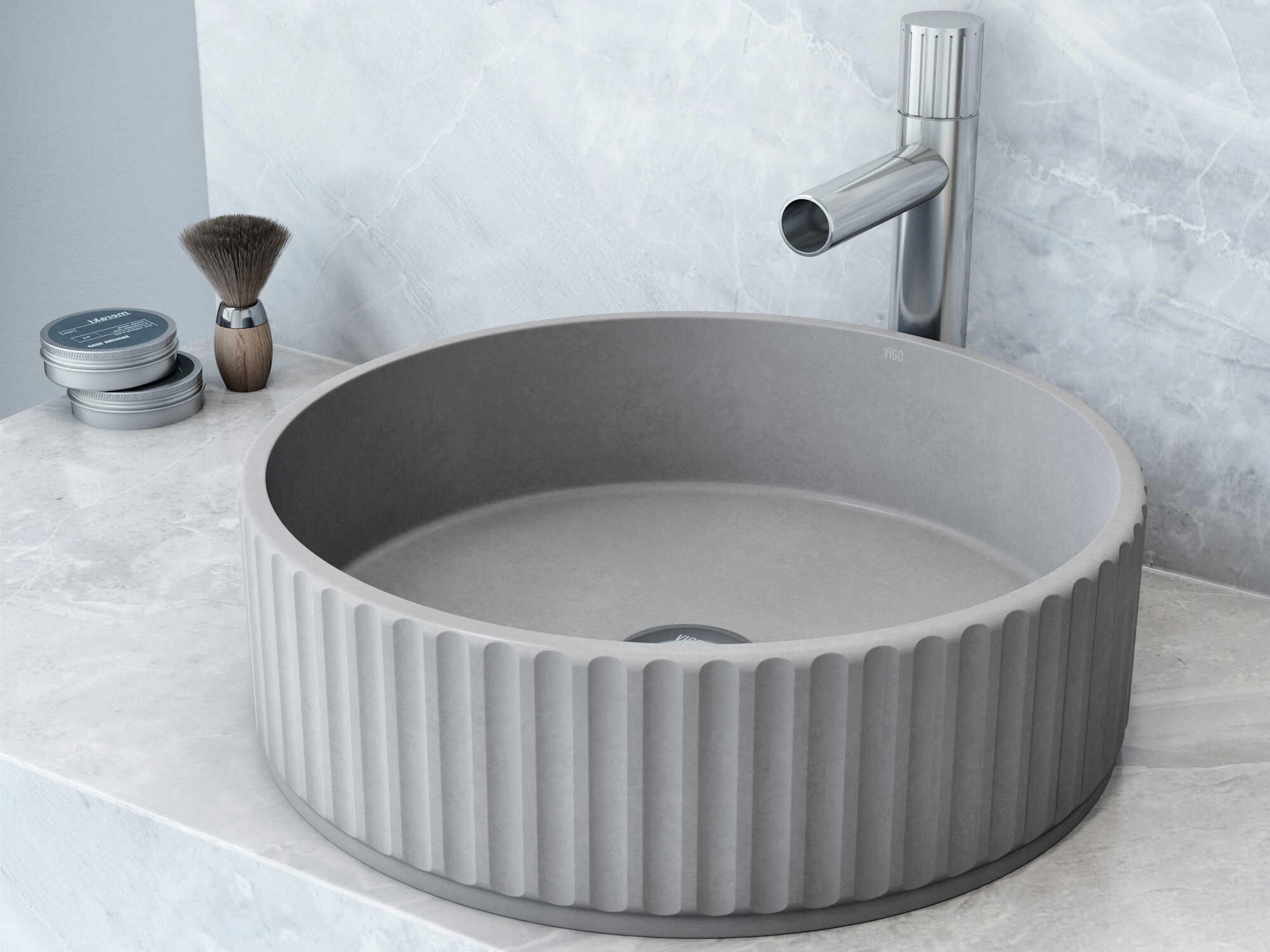 Vigo Windsor Concreto Stone Round Fluted Bathroom Vessel Sink