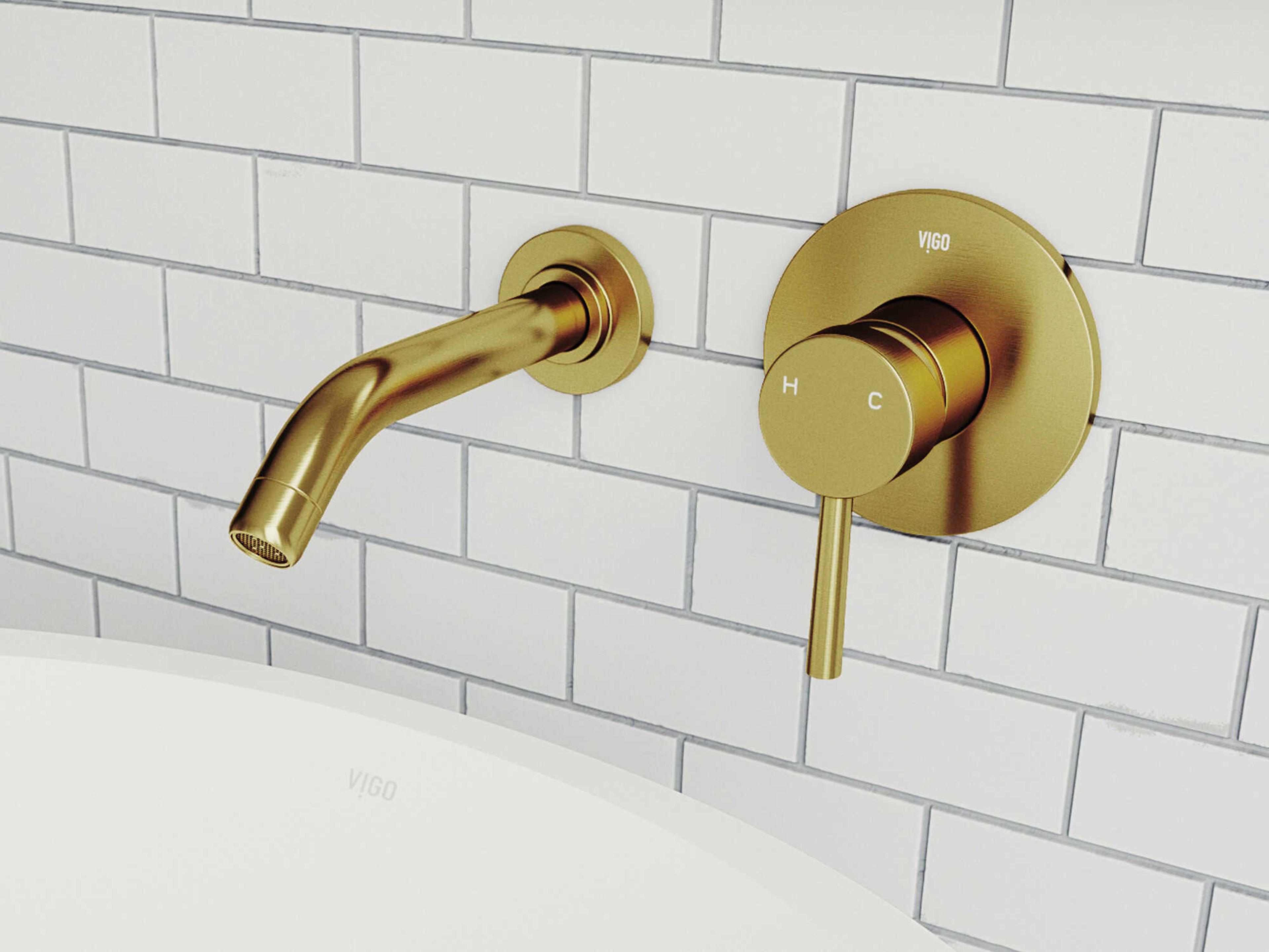 Vigo Olus Matte Brushed Gold Single-Handle Wall-Mount Bathroom Faucet with Pop-Up Drain