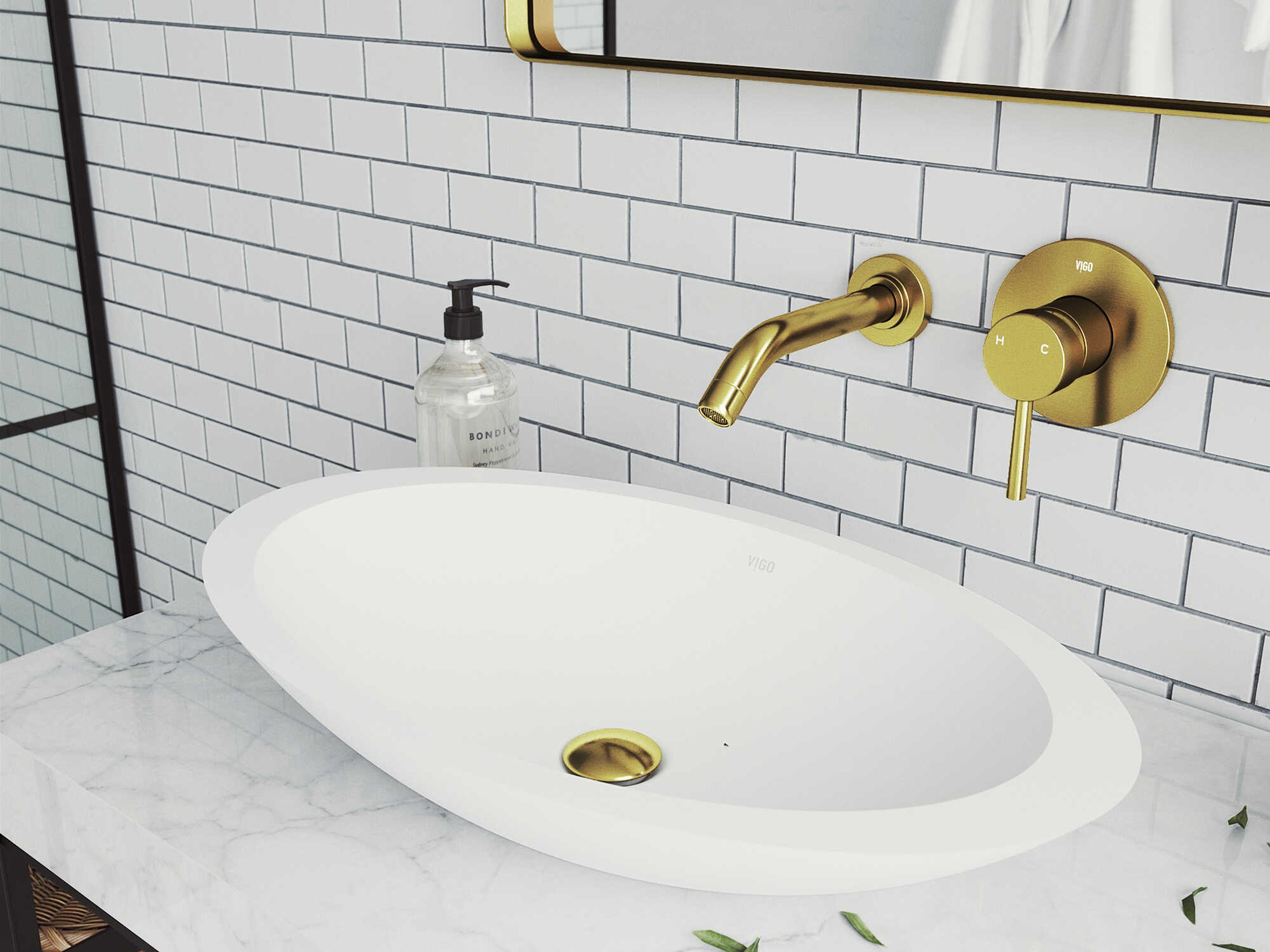 Vigo Olus Matte Brushed Gold Single-Handle Wall-Mount Bathroom Faucet with Pop-Up Drain