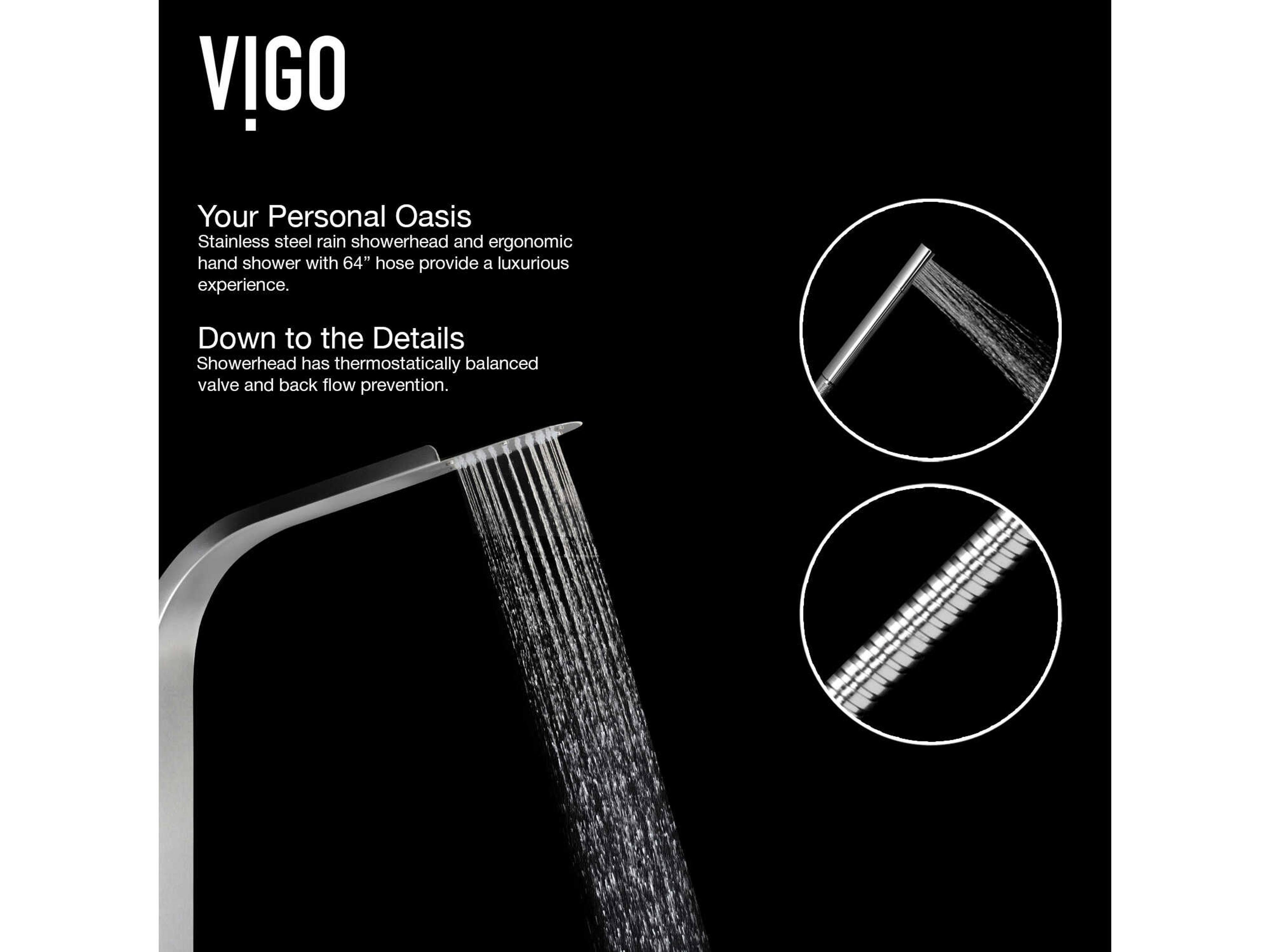 Vigo Brielle Stainless Steel 6-Jet Shower Panel System with Fixed Rainhead and Hand Shower Wand