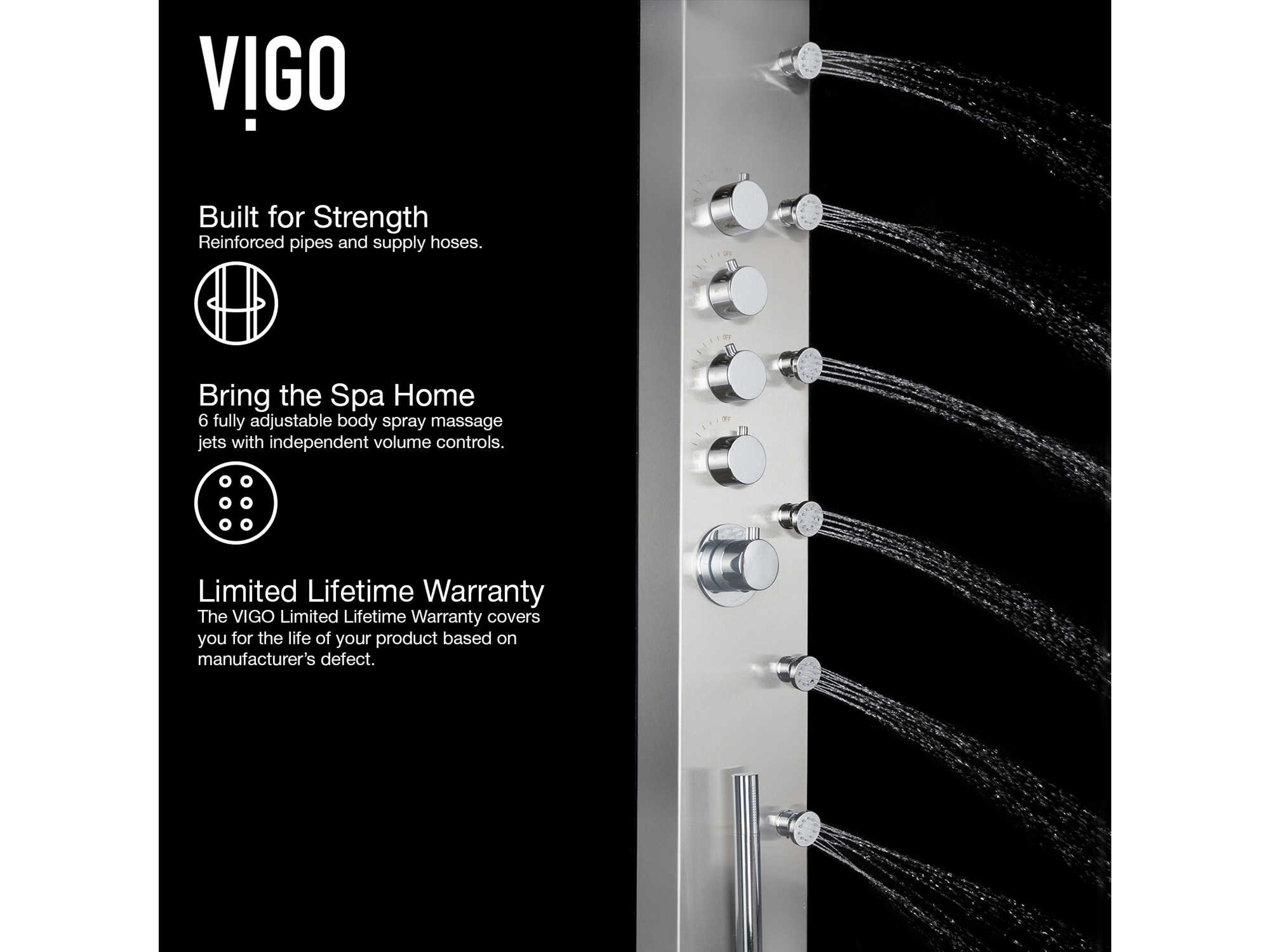 Vigo Brielle Stainless Steel 6-Jet Shower Panel System with Fixed Rainhead and Hand Shower Wand