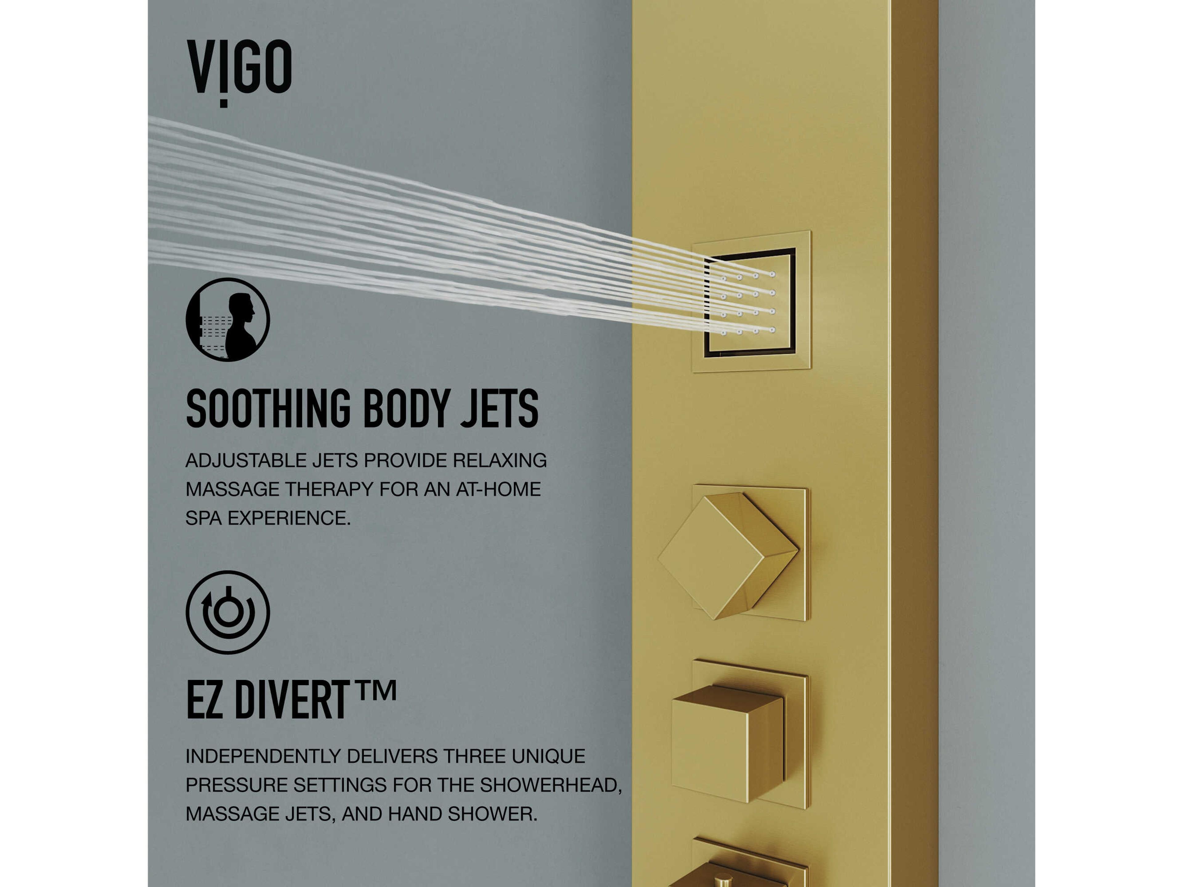Vigo Rector Matte Brushed Gold 2-Jet Shower Panel System with Square Head and Hand Shower Wand