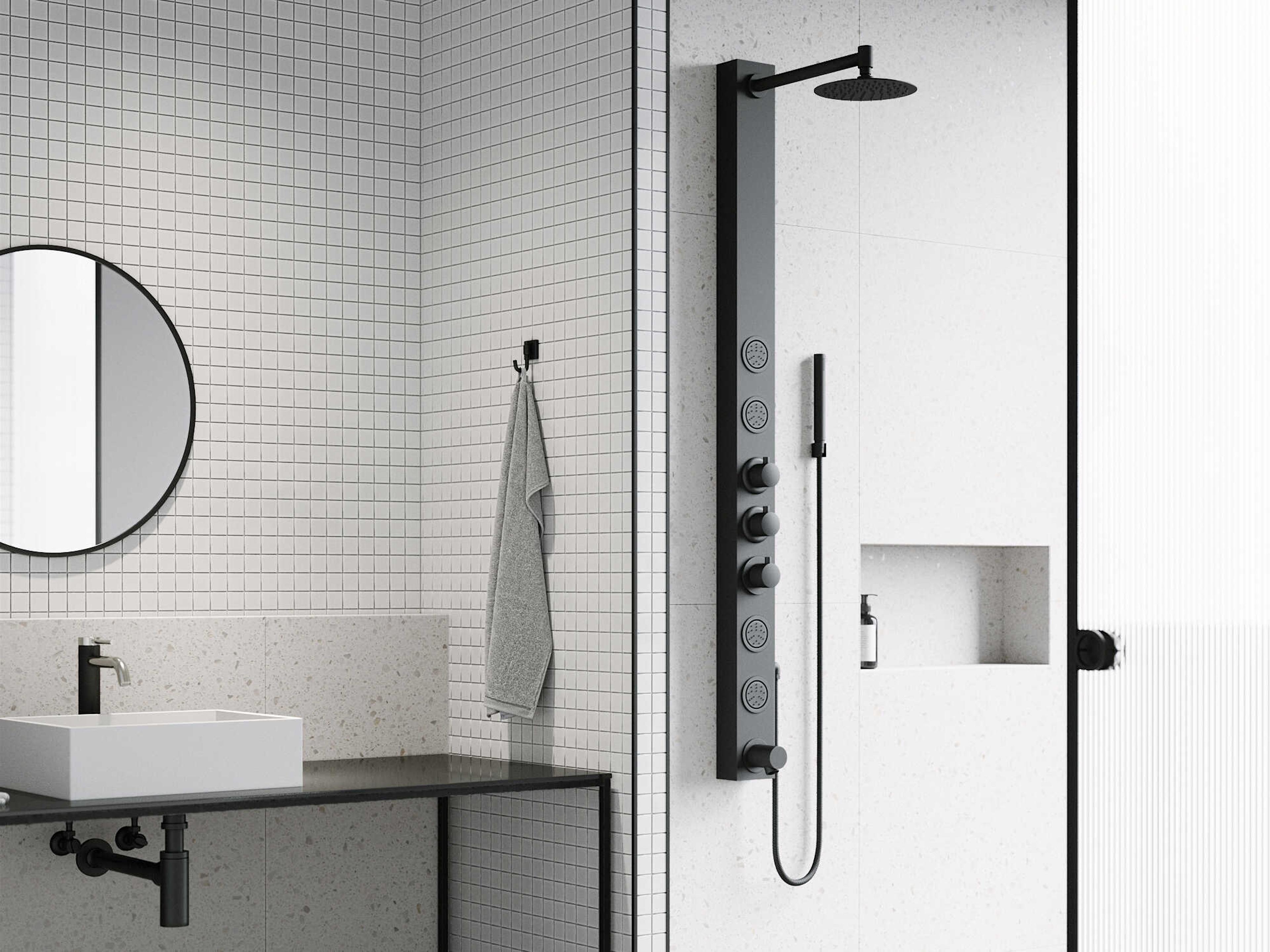 Vigo Bowery 4-Jet Shower Panel System with Round Shower Head, Tub Filler and Hand Shower