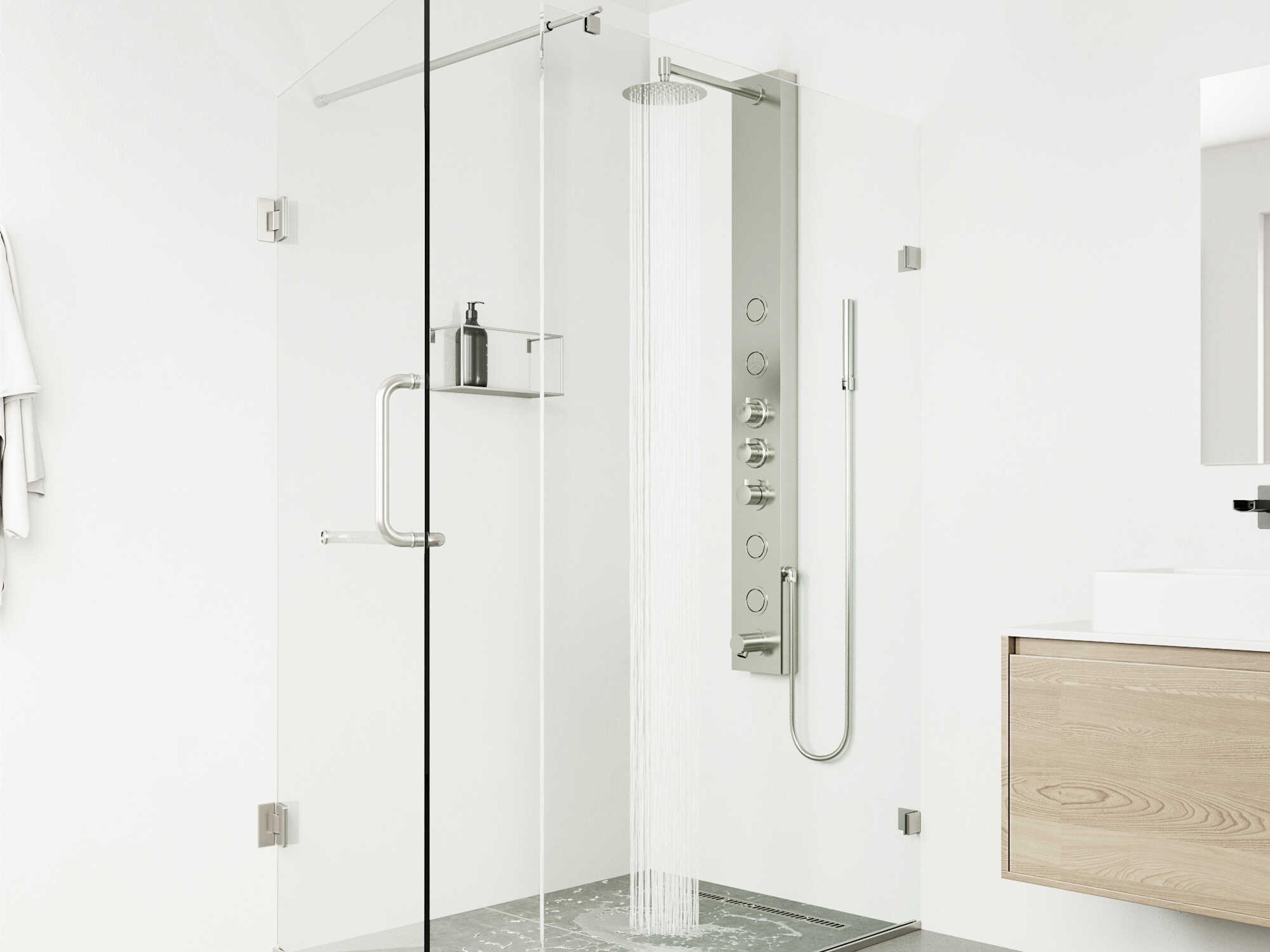 Vigo Bowery 4-Jet Shower Panel System with Round Head, Tub Filler and Hand Shower Wand