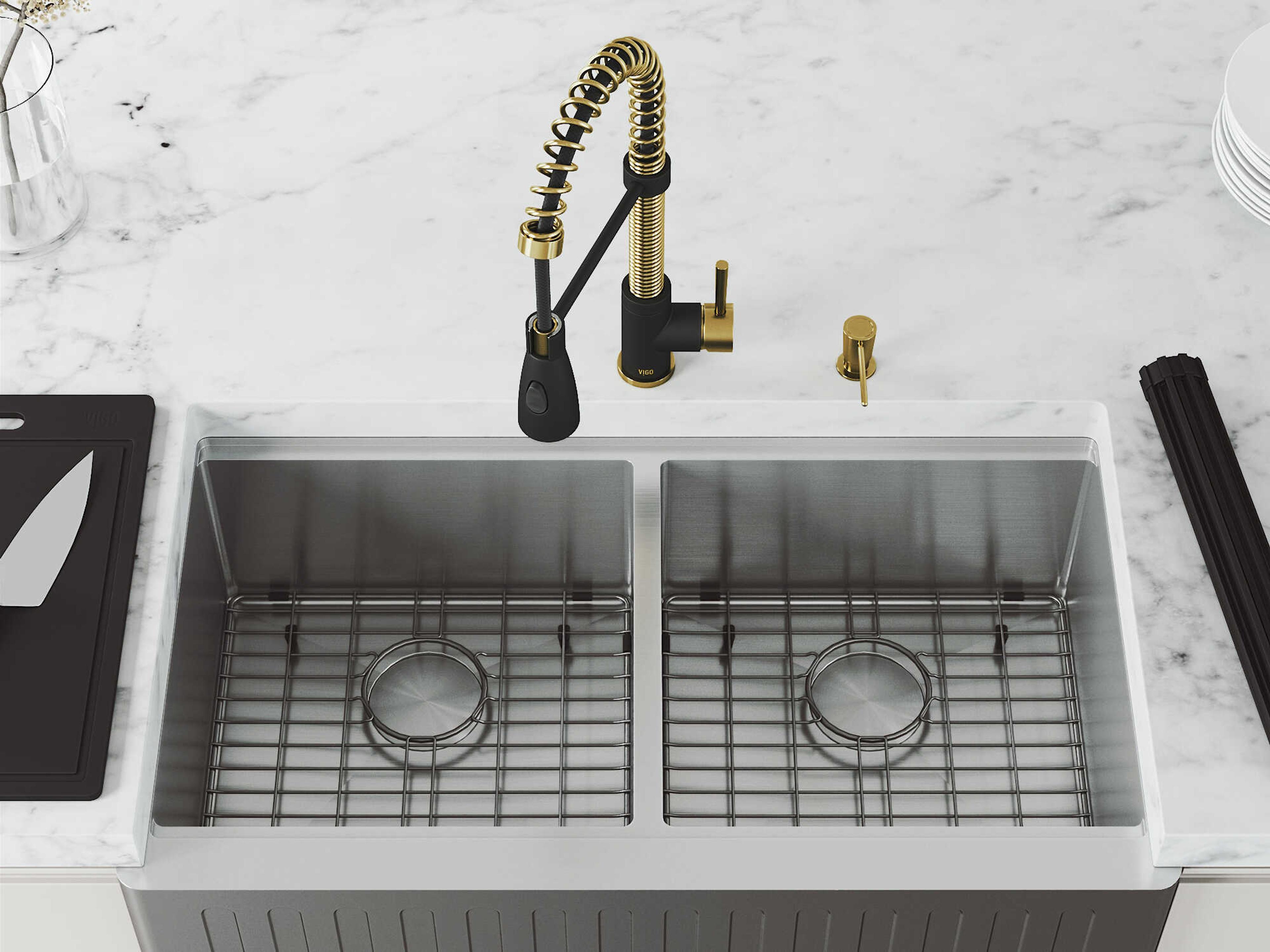 Vigo Oxford Stainless Steel 36" Rectangular Double-Bowl Farmhouse Kitchen Sink with Matte Gold / Matte Black Brant Faucet