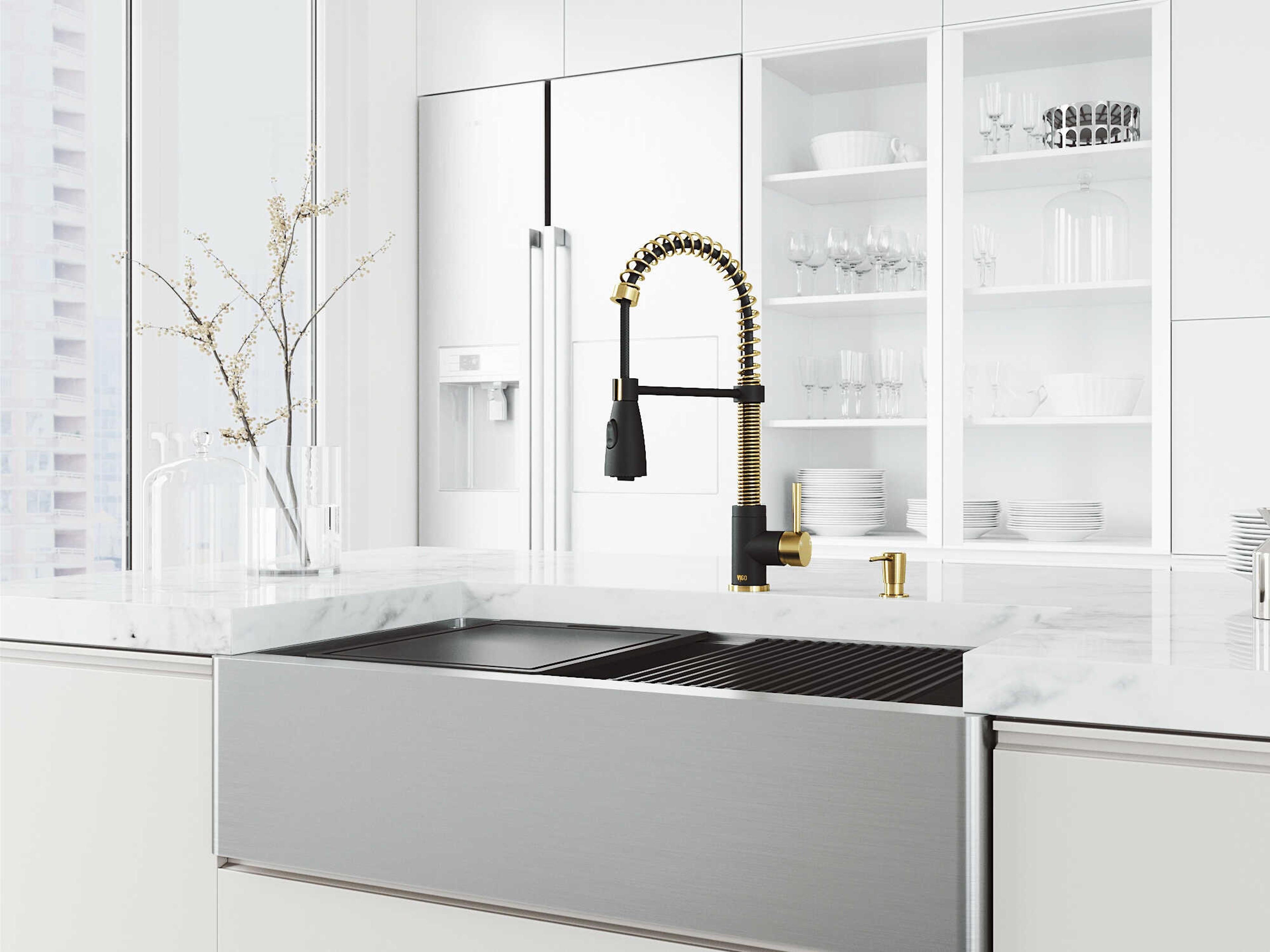 Vigo Oxford Stainless Steel 36" Rectangular Farmhouse Kitchen Sink with Matte Gold / Matte Black Brant Faucet