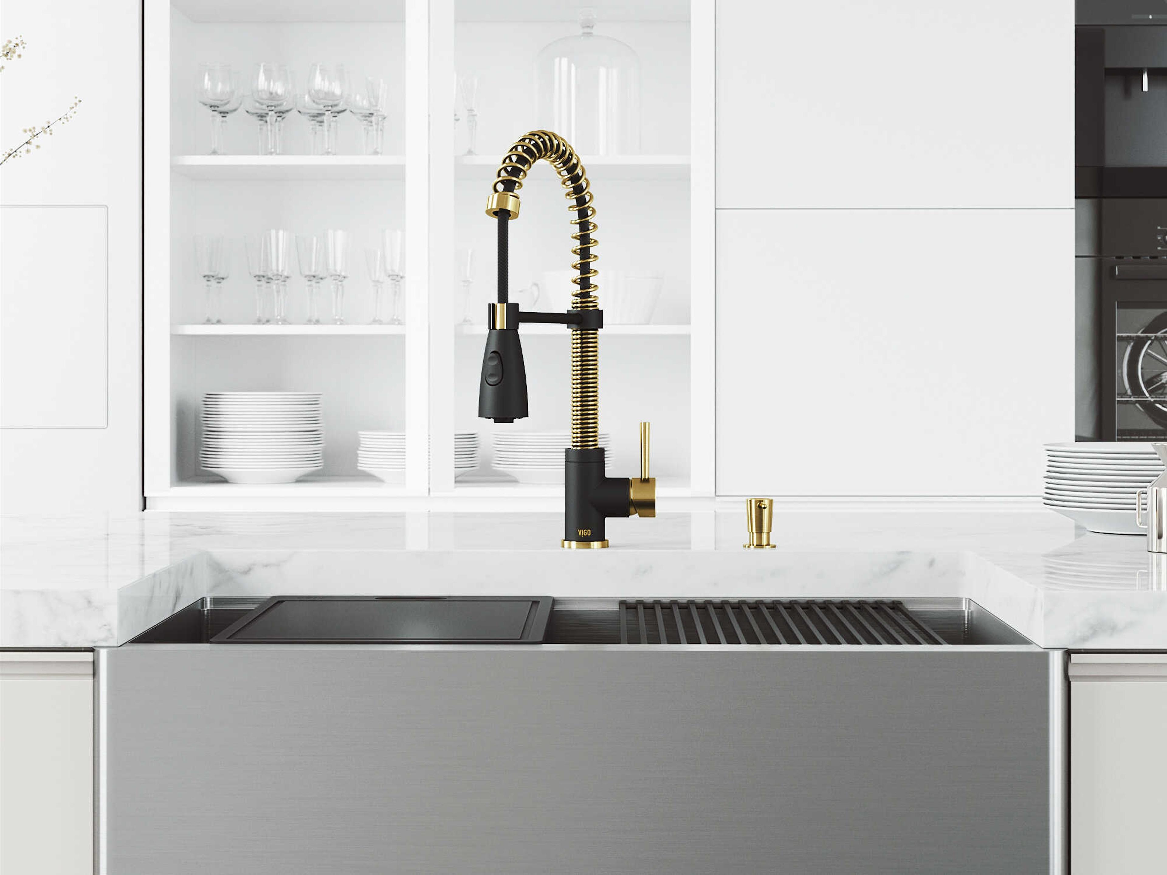 Vigo Oxford Stainless Steel 36" Rectangular Farmhouse Kitchen Sink with Matte Gold / Matte Black Brant Faucet