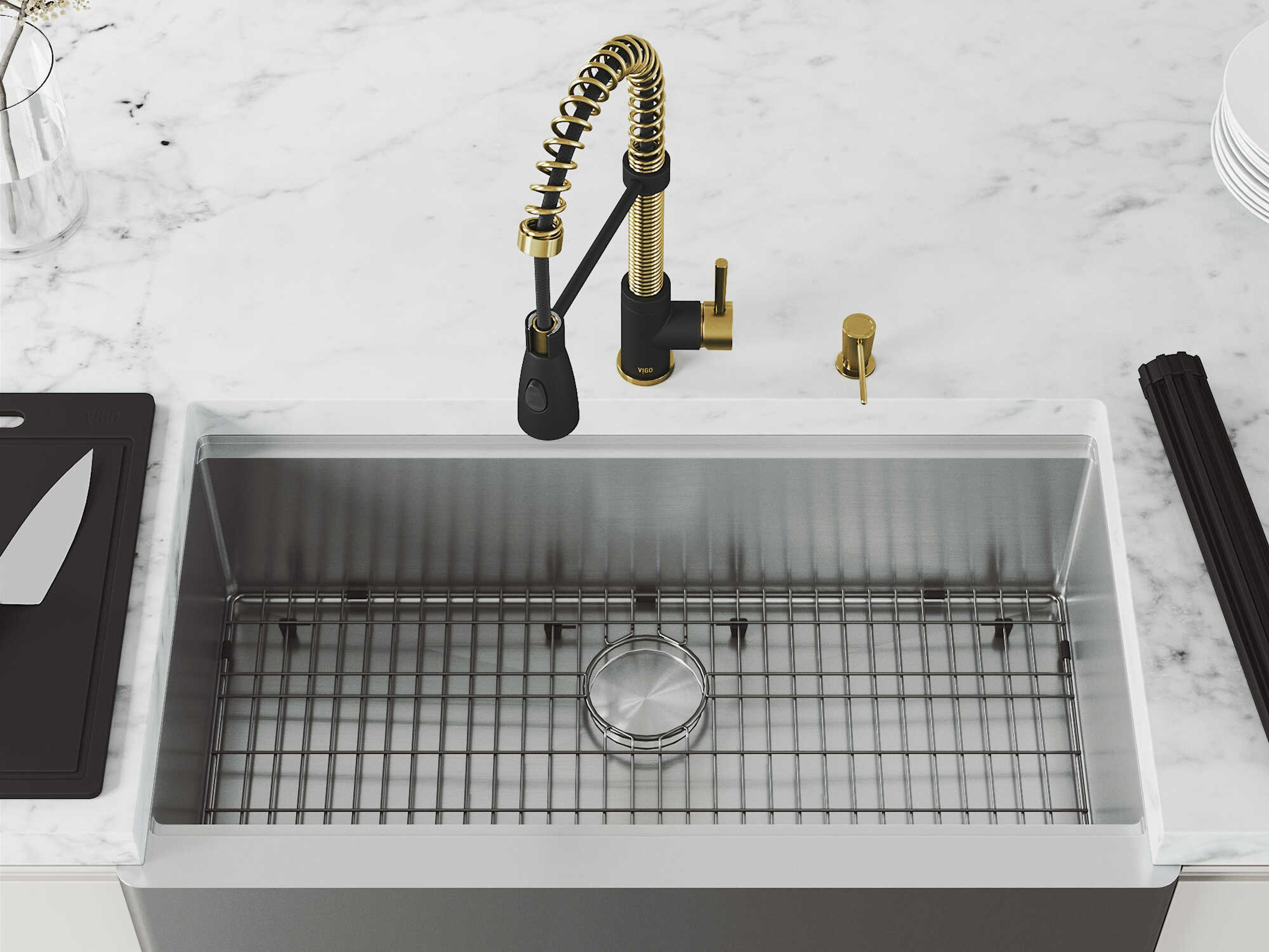Vigo Oxford Stainless Steel 36" Rectangular Farmhouse Kitchen Sink with Matte Gold / Matte Black Brant Faucet