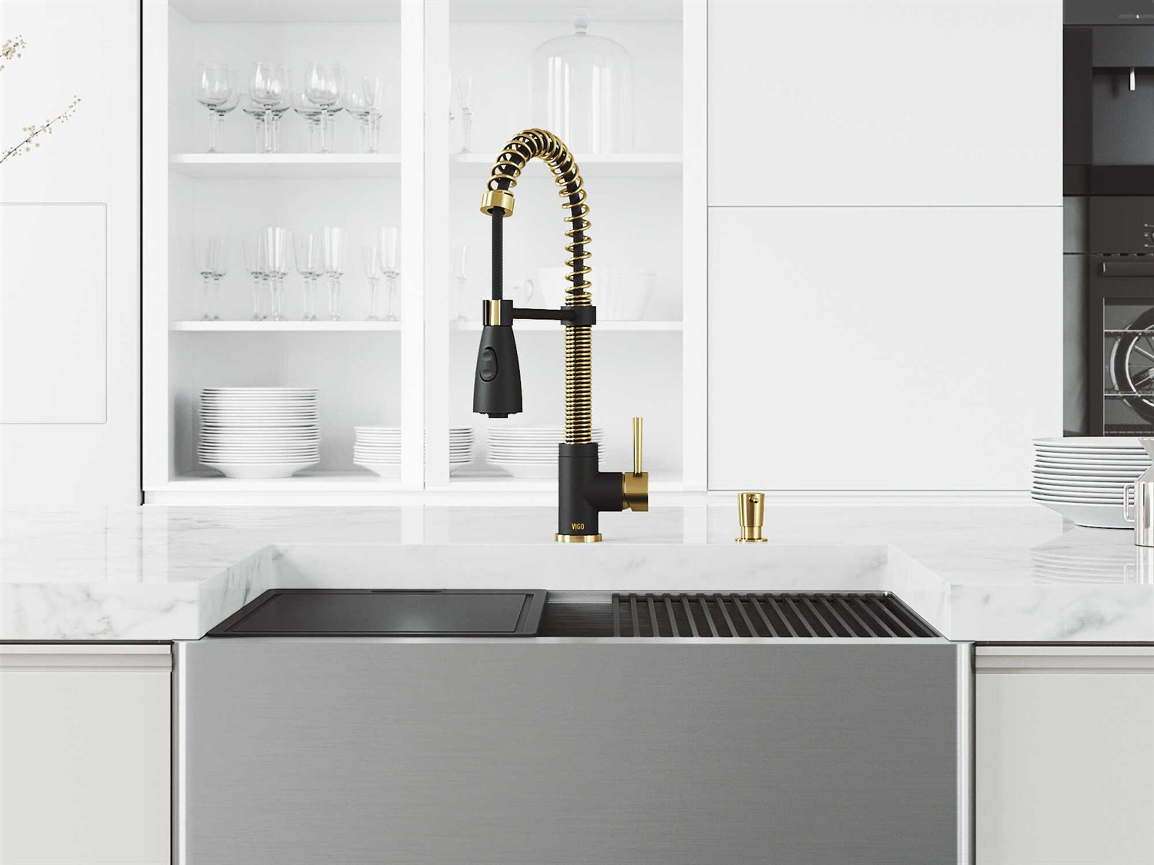 Vigo Oxford Stainless Steel 30" Rectangular Single-Bowl Farmhouse Kitchen Sink with Matte Gold / Matte Black Brant Faucet