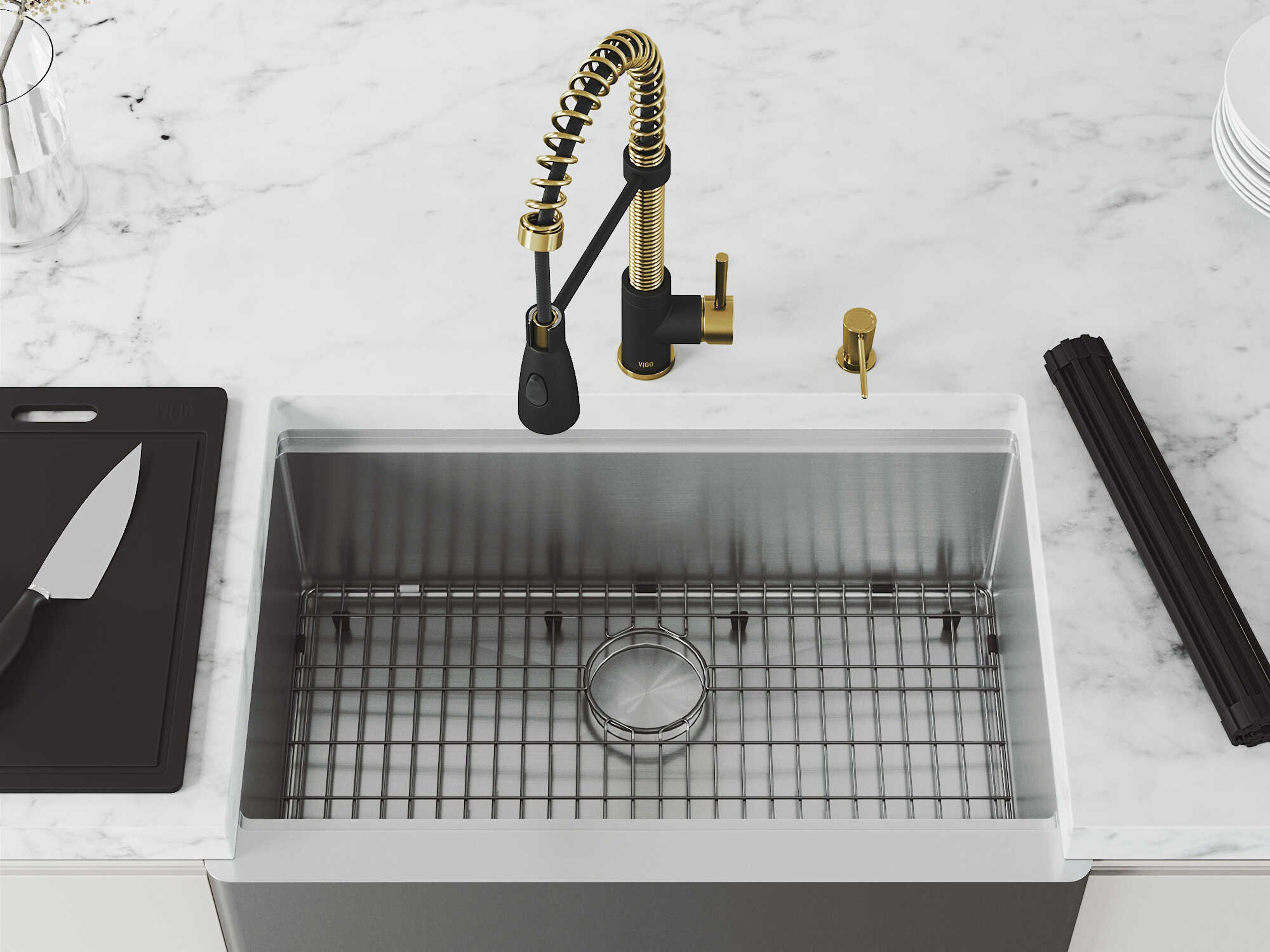Vigo Oxford Stainless Steel 30" Rectangular Single-Bowl Farmhouse Kitchen Sink with Matte Gold / Matte Black Brant Faucet