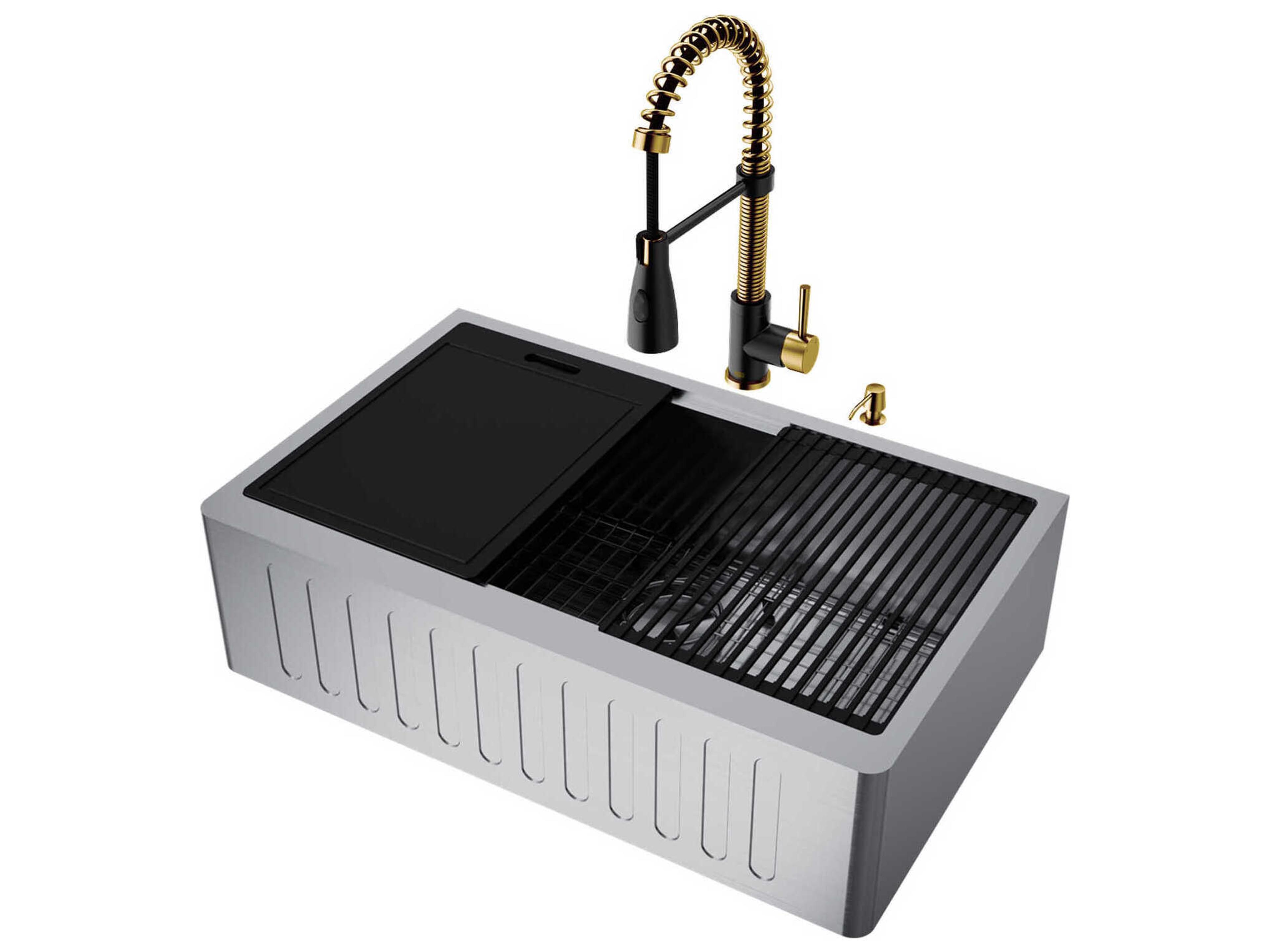 Oxford Stainless Steel 33" Rectangular Single-Bowl Farmhouse Kitchen Sink with Matte Gold / Matte Black Brant Faucet