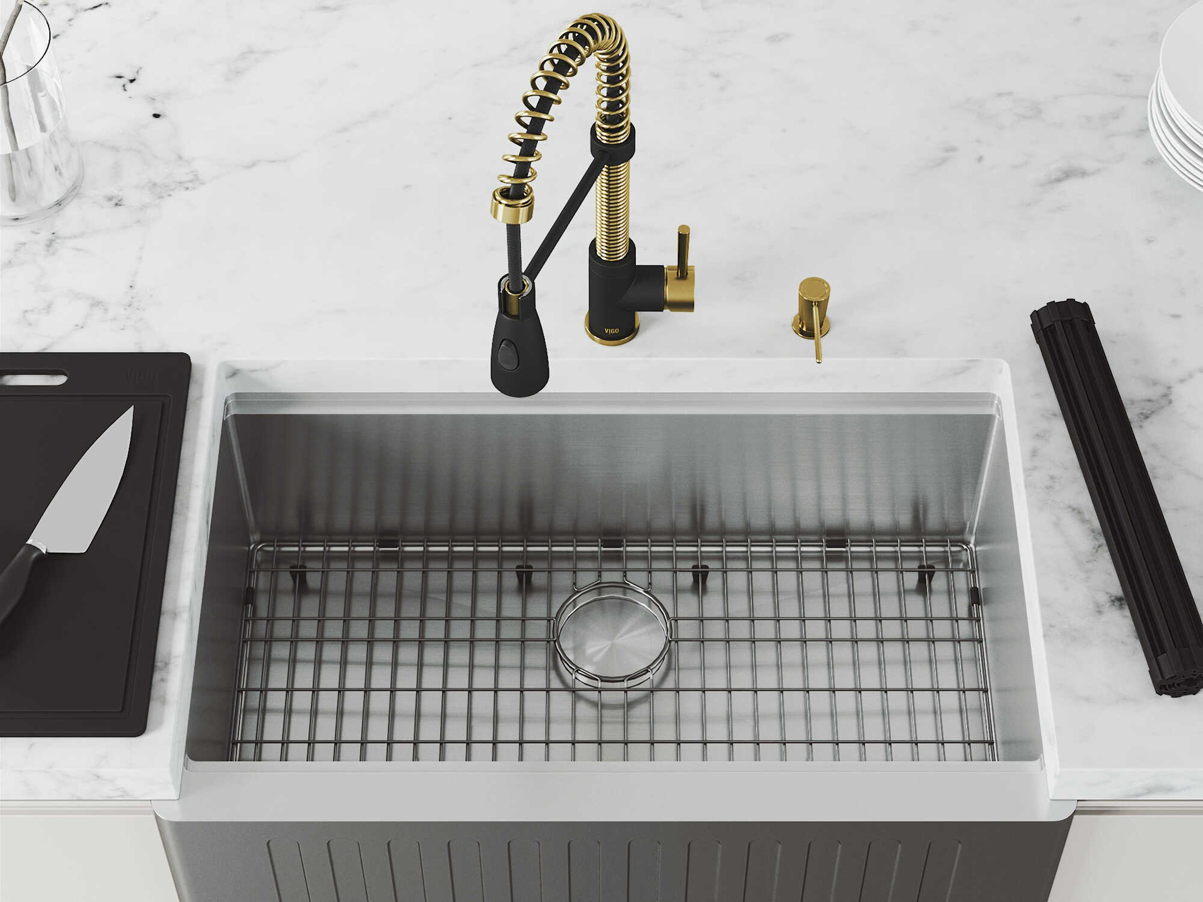Vigo Oxford Stainless Steel 33" Rectangular Single-Bowl Farmhouse Kitchen Sink with Matte Gold / Matte Black Brant Faucet