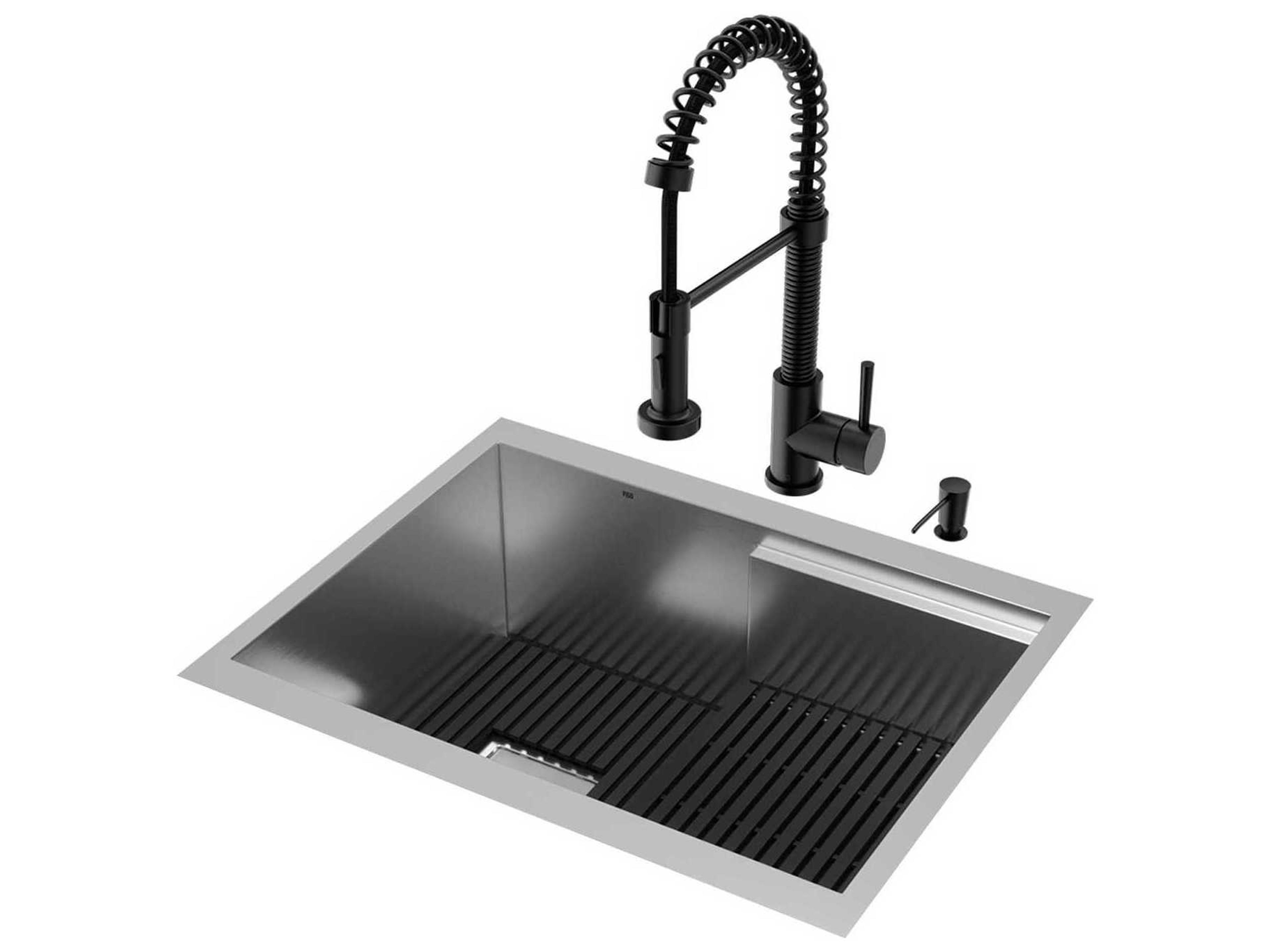 Hampton Stainless Steel Single Bowl Undermount Workstation Kitchen Sink with Matte Black Faucet and Accessories