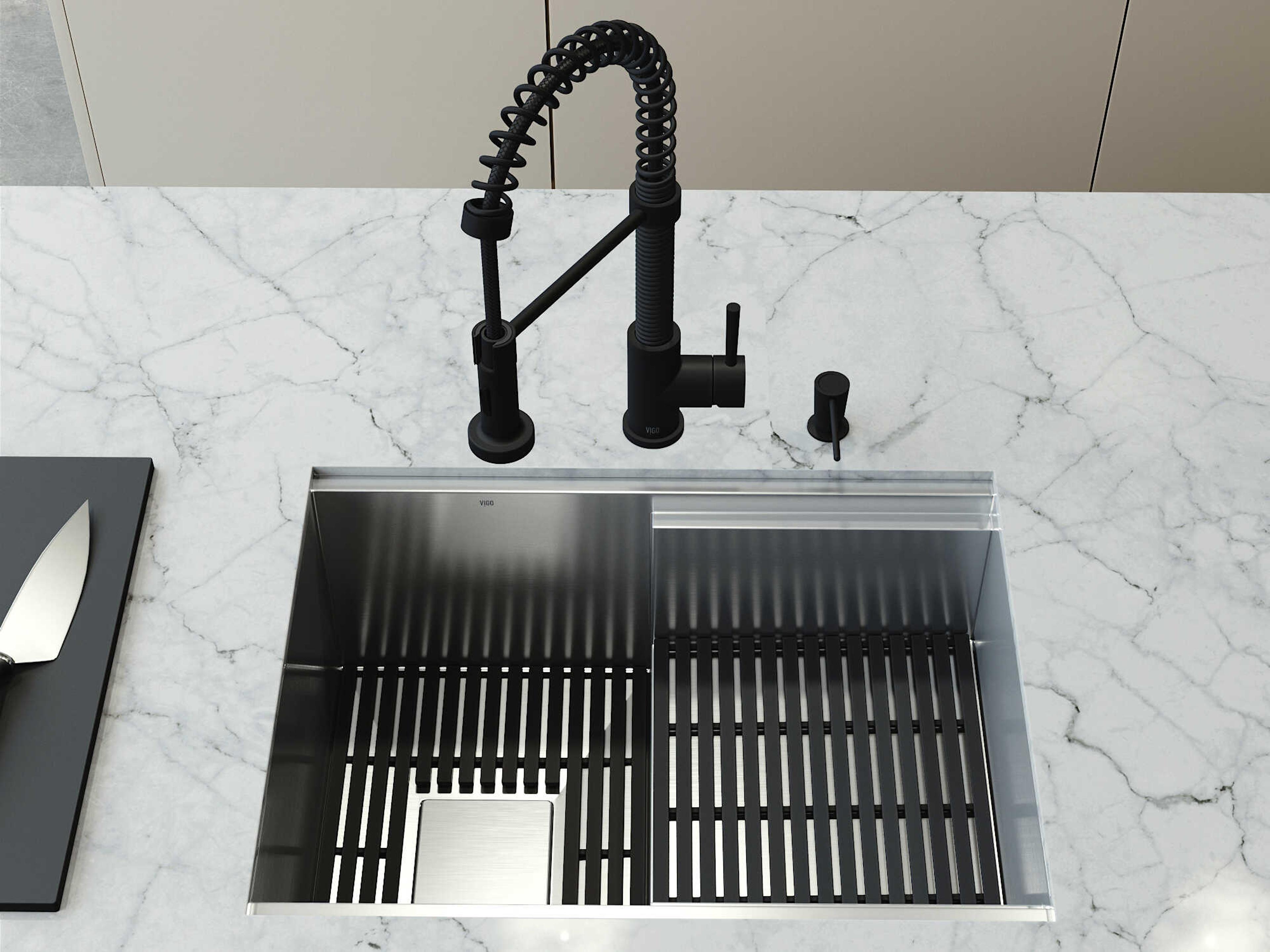 Vigo Hampton Stainless Steel Single Bowl Undermount Workstation Kitchen Sink with Matte Black Faucet and Accessories