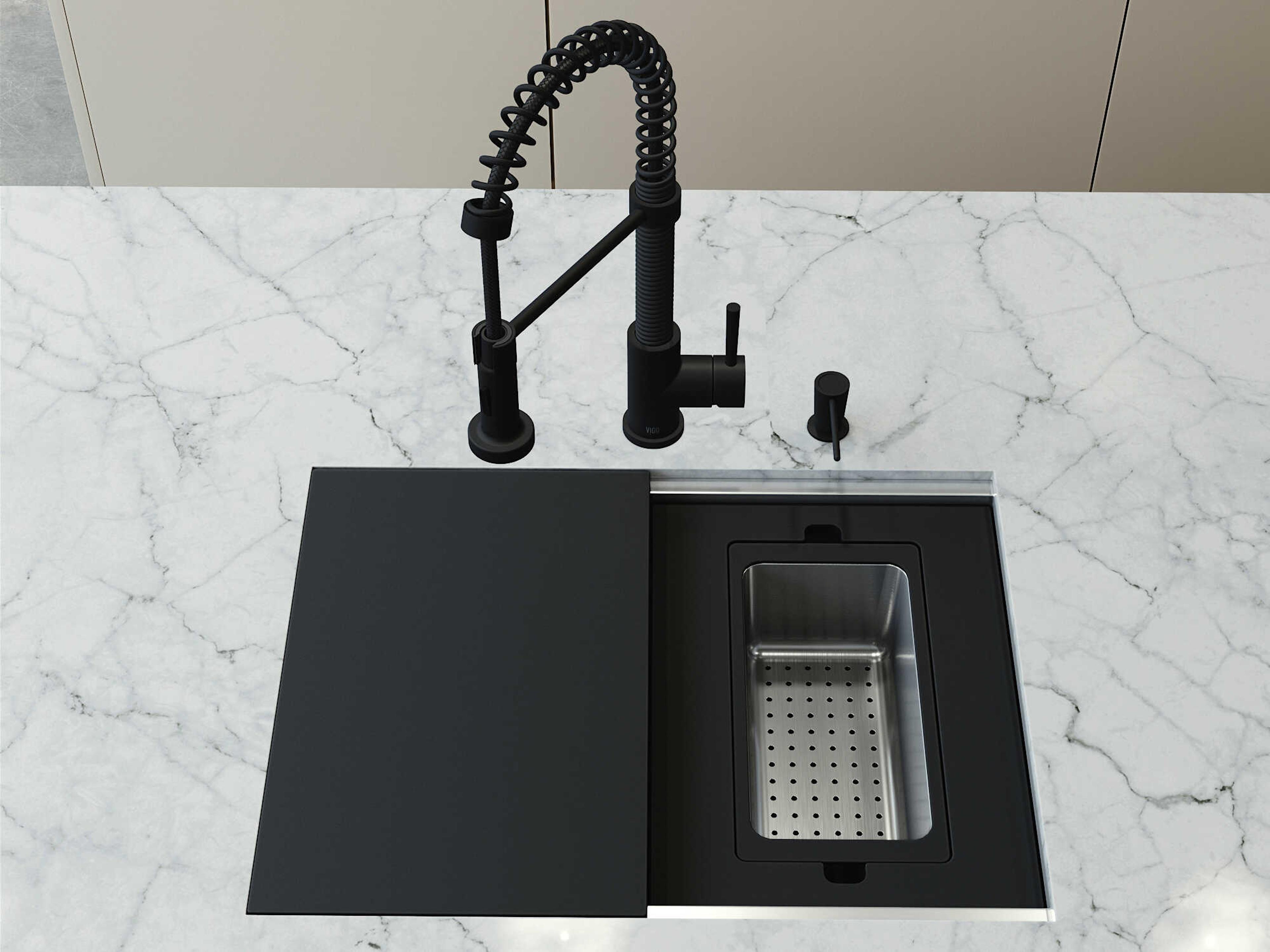 Vigo Hampton Stainless Steel Single Bowl Undermount Workstation Kitchen Sink with Matte Black Faucet and Accessories