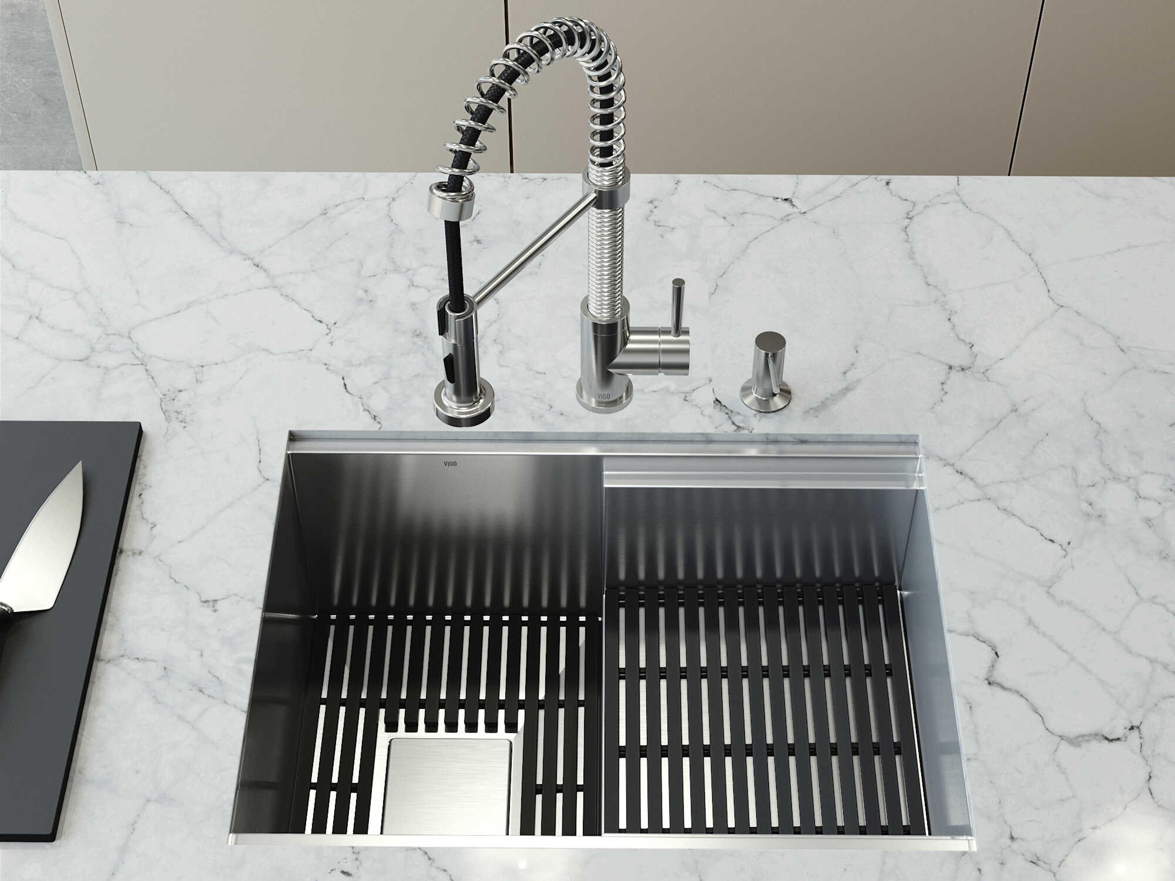 Vigo Hampton Stainless Steel Single Bowl Undermount Utility Tier Workstation Kitchen Sink with Faucet and Accessories