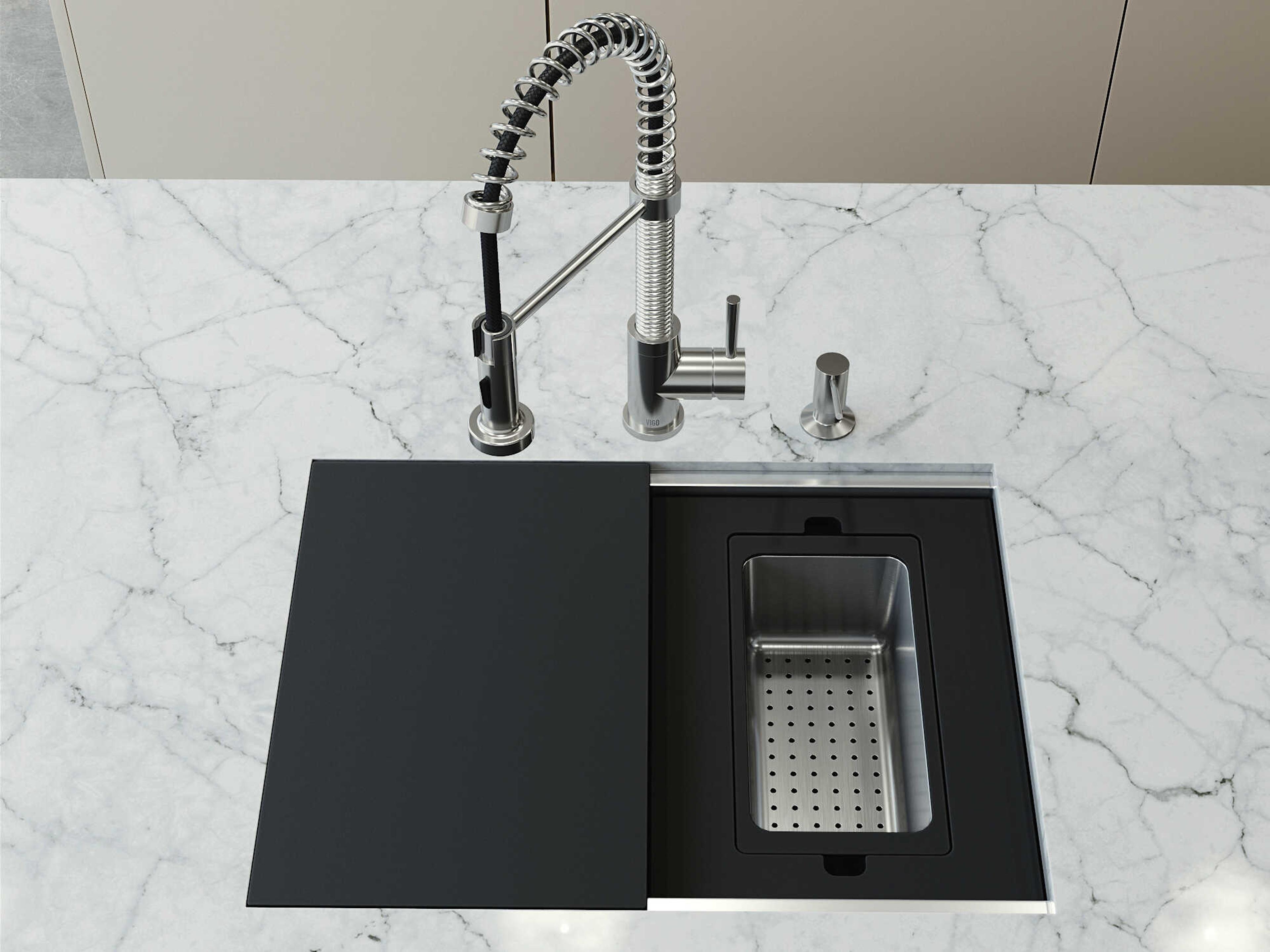 Vigo Hampton Stainless Steel Single Bowl Undermount Utility Tier Workstation Kitchen Sink with Faucet and Accessories