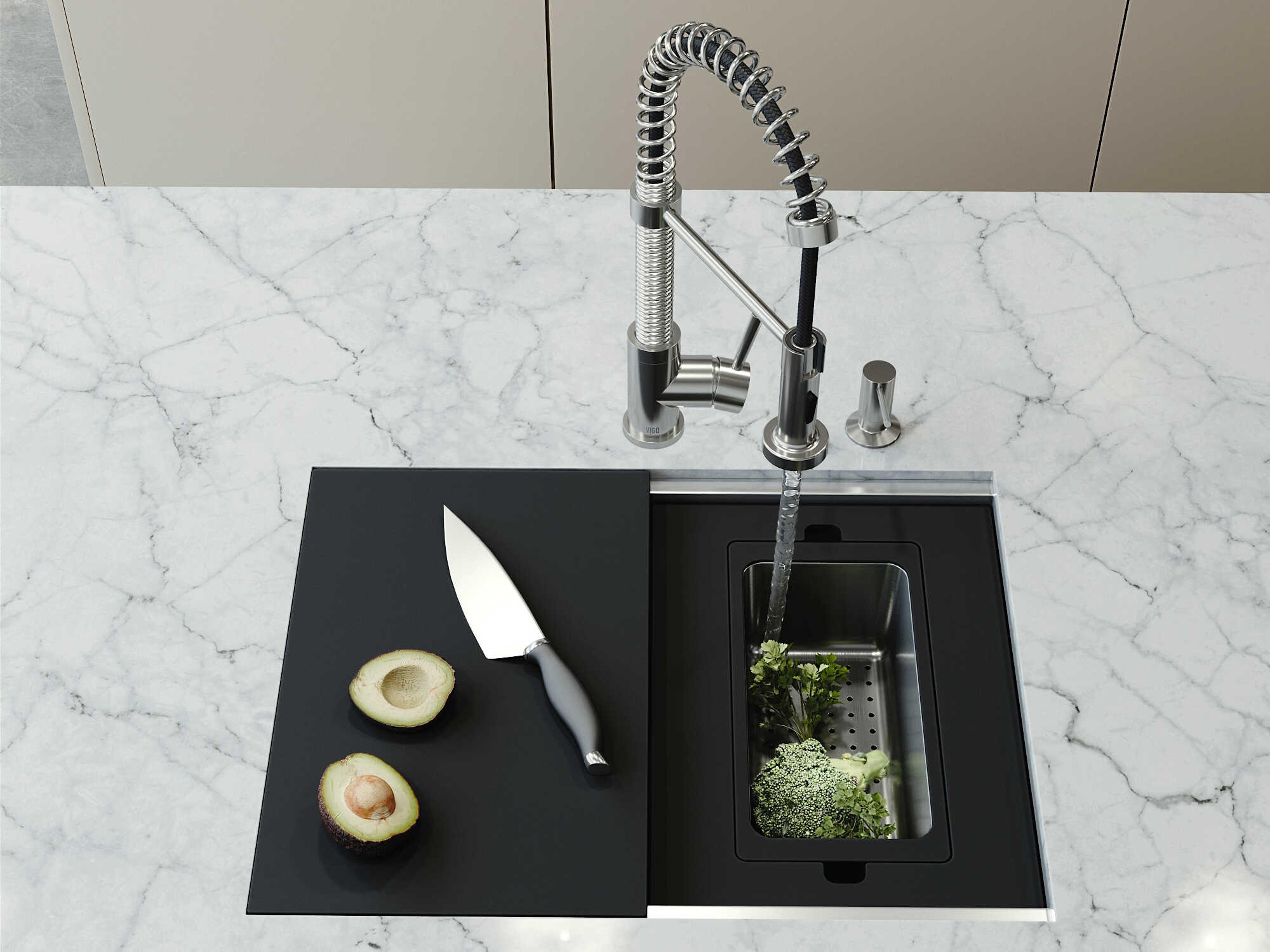 Vigo Hampton Stainless Steel Single Bowl Undermount Utility Tier Workstation Kitchen Sink with Faucet and Accessories