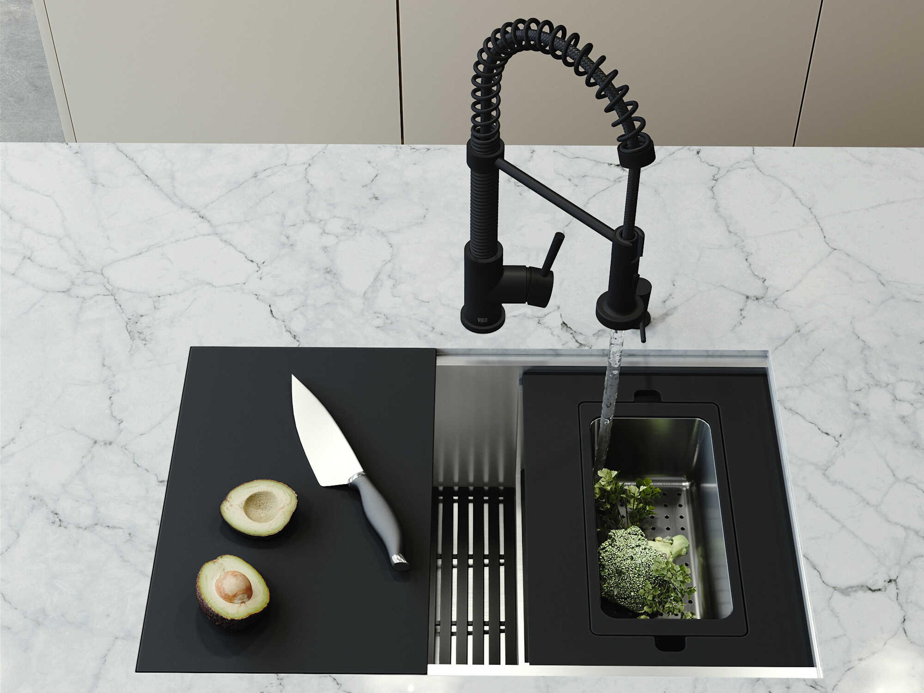 Vigo Hampton Stainless Steel Single Bowl Undermount Workstation Kitchen Sink with Matte Black Faucet and Accessories