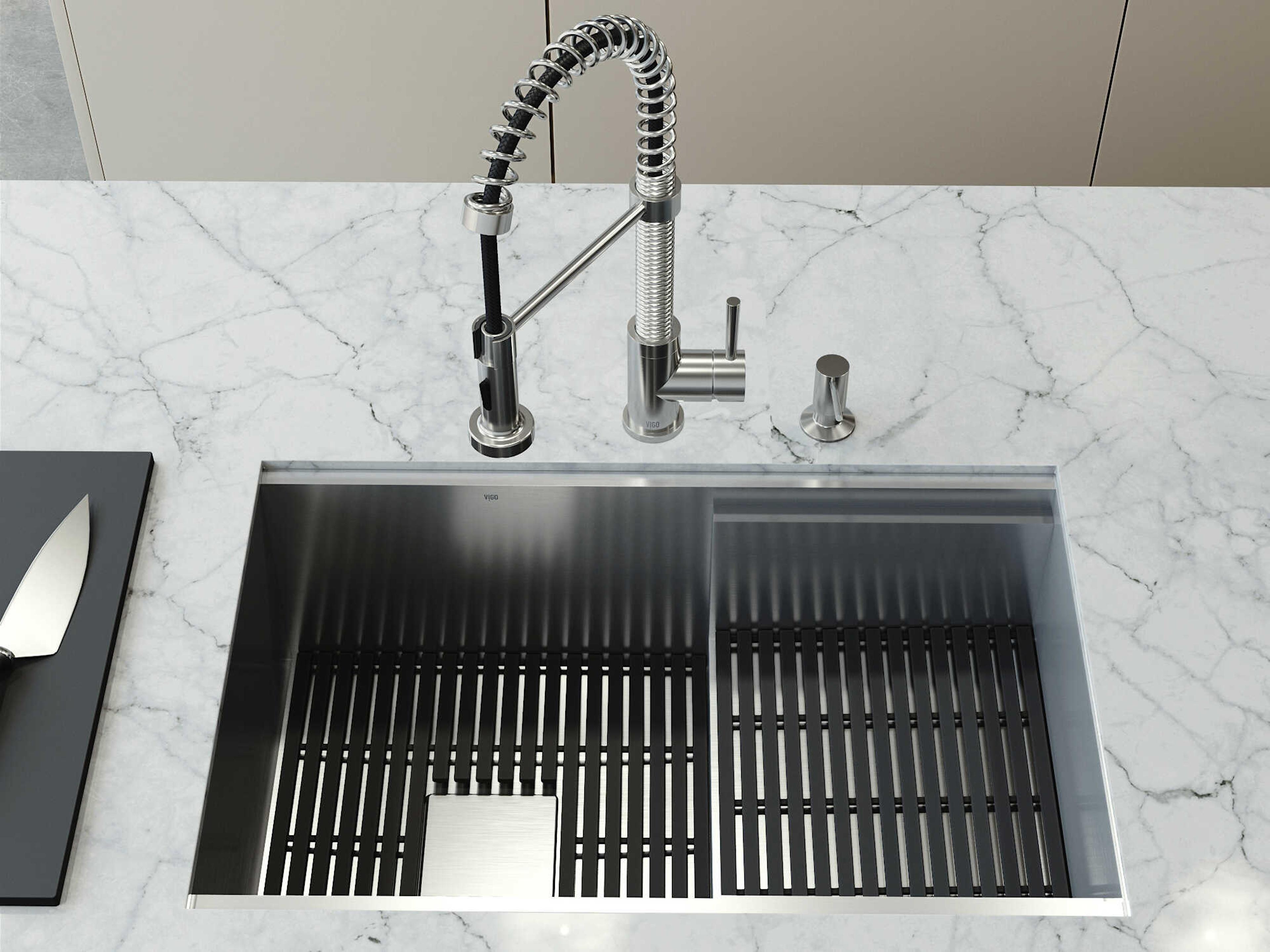 Vigo Hampton Stainless Steel Single Bowl Undermount Utility Tier Workstation Kitchen Sink with Faucet and Accessories