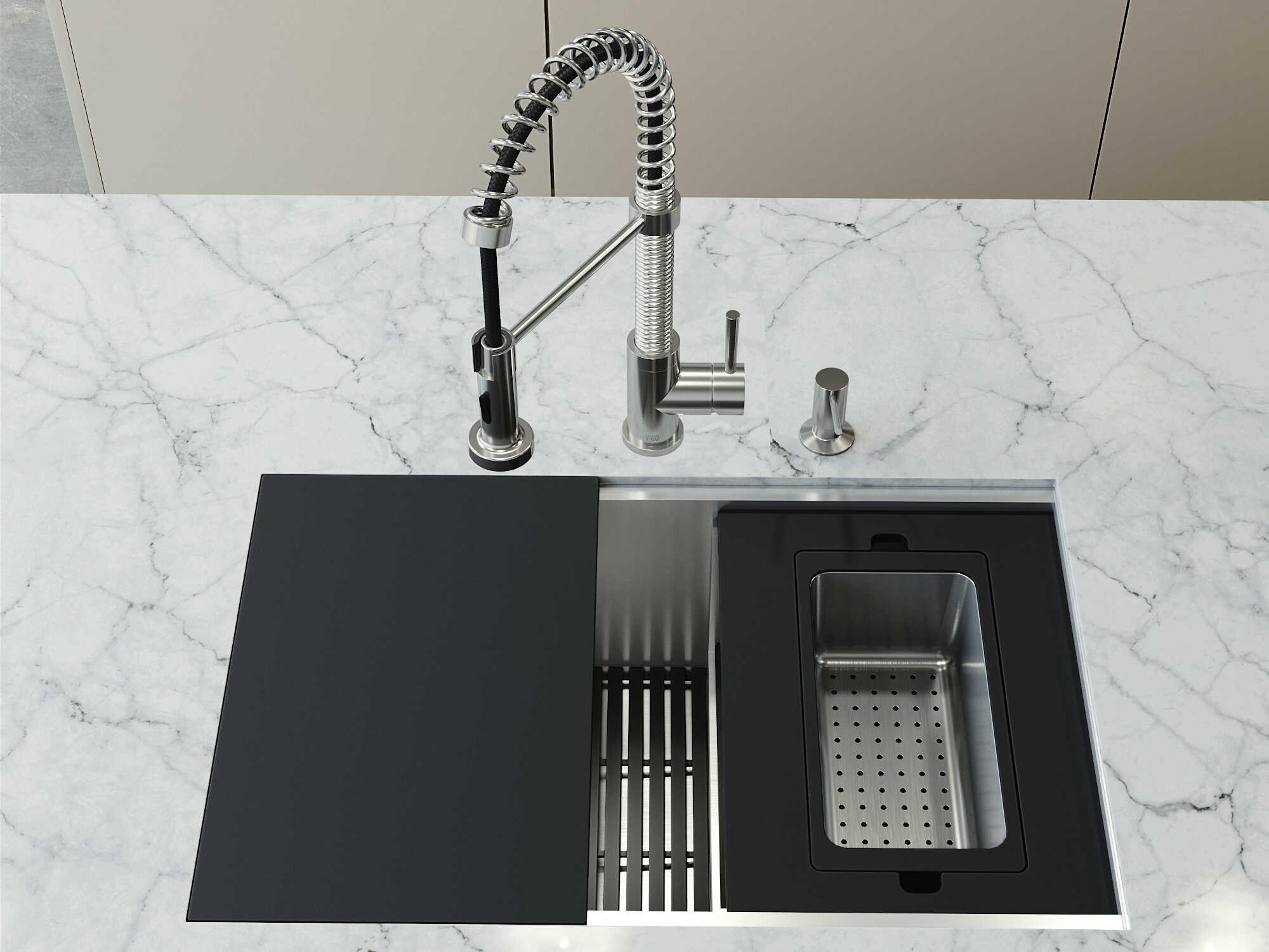 Vigo Hampton Stainless Steel Single Bowl Undermount Utility Tier Workstation Kitchen Sink with Faucet and Accessories