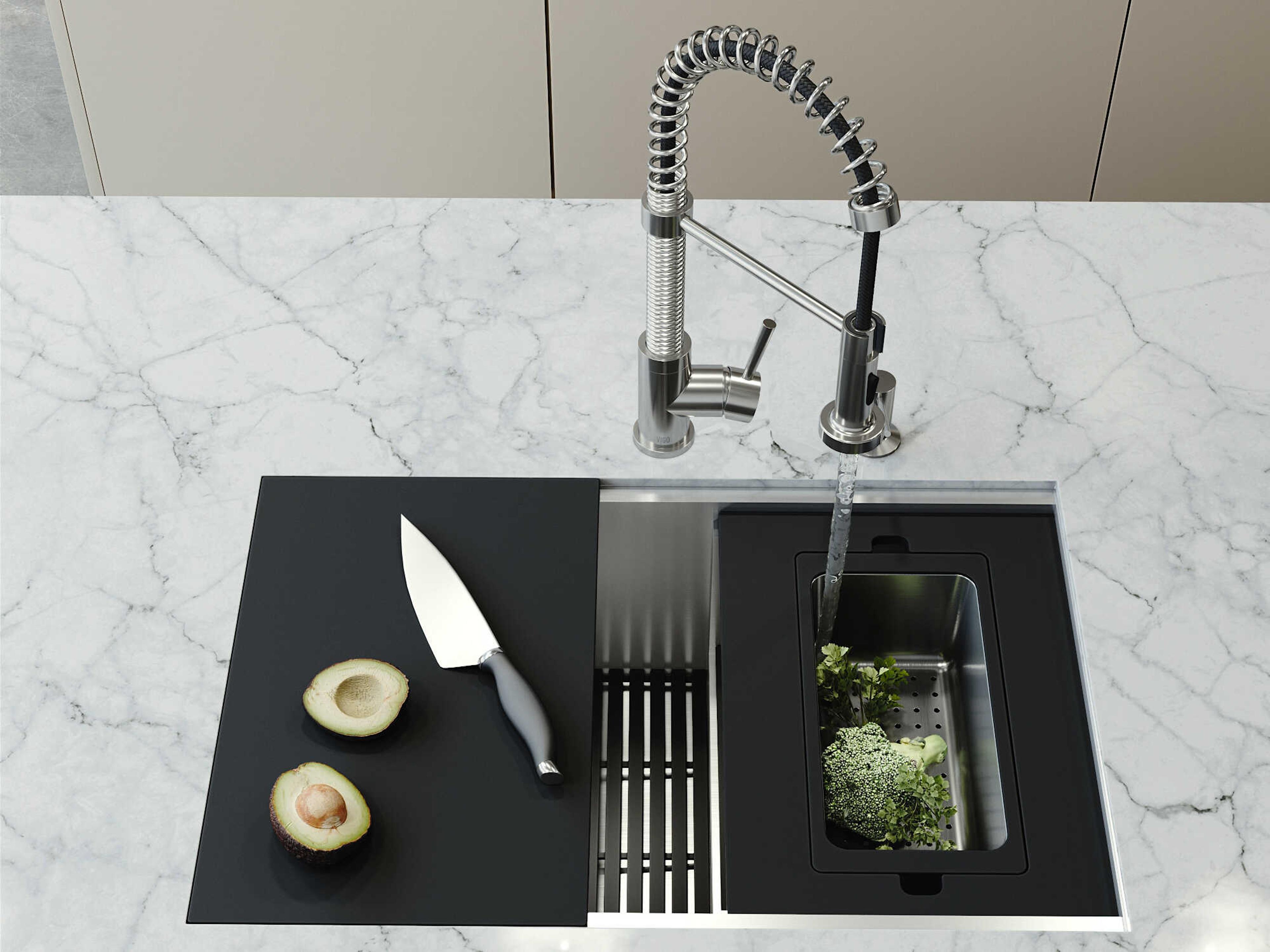 Vigo Hampton Stainless Steel Single Bowl Undermount Utility Tier Workstation Kitchen Sink with Faucet and Accessories