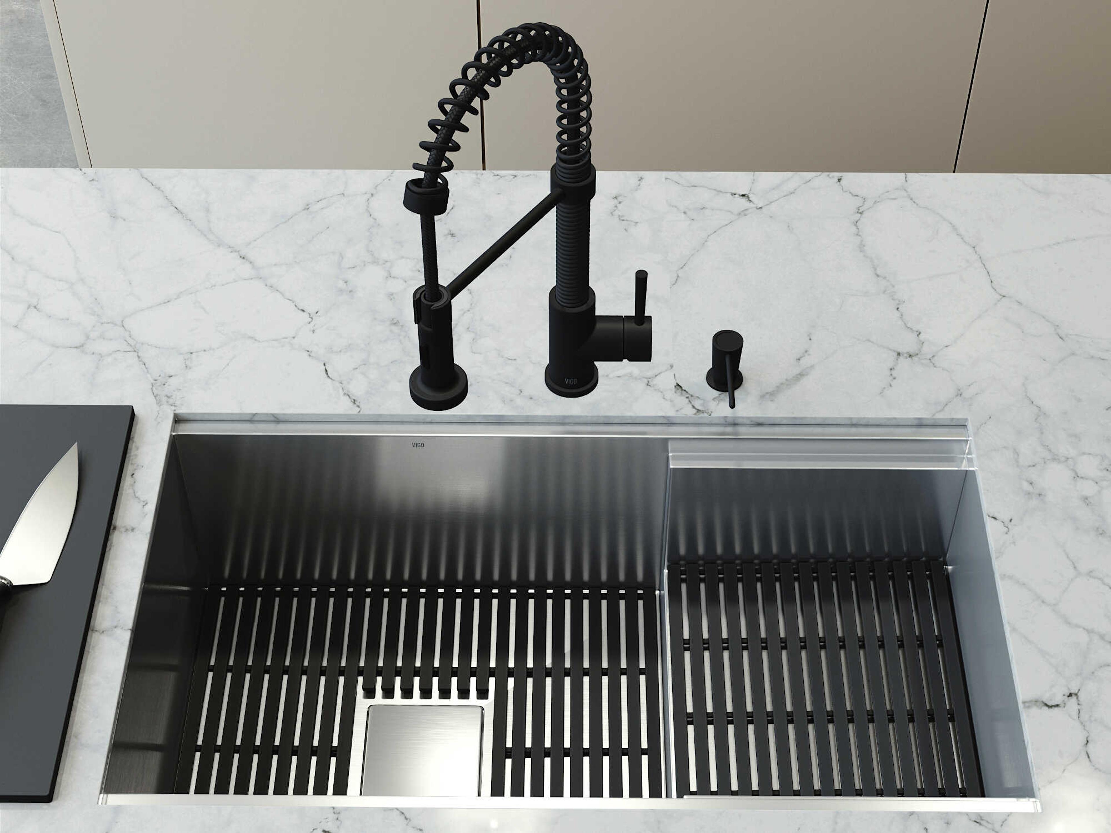 Vigo Hampton Stainless Steel Single Bowl Undermount Workstation Kitchen Sink with Matte Black Faucet and Accessories