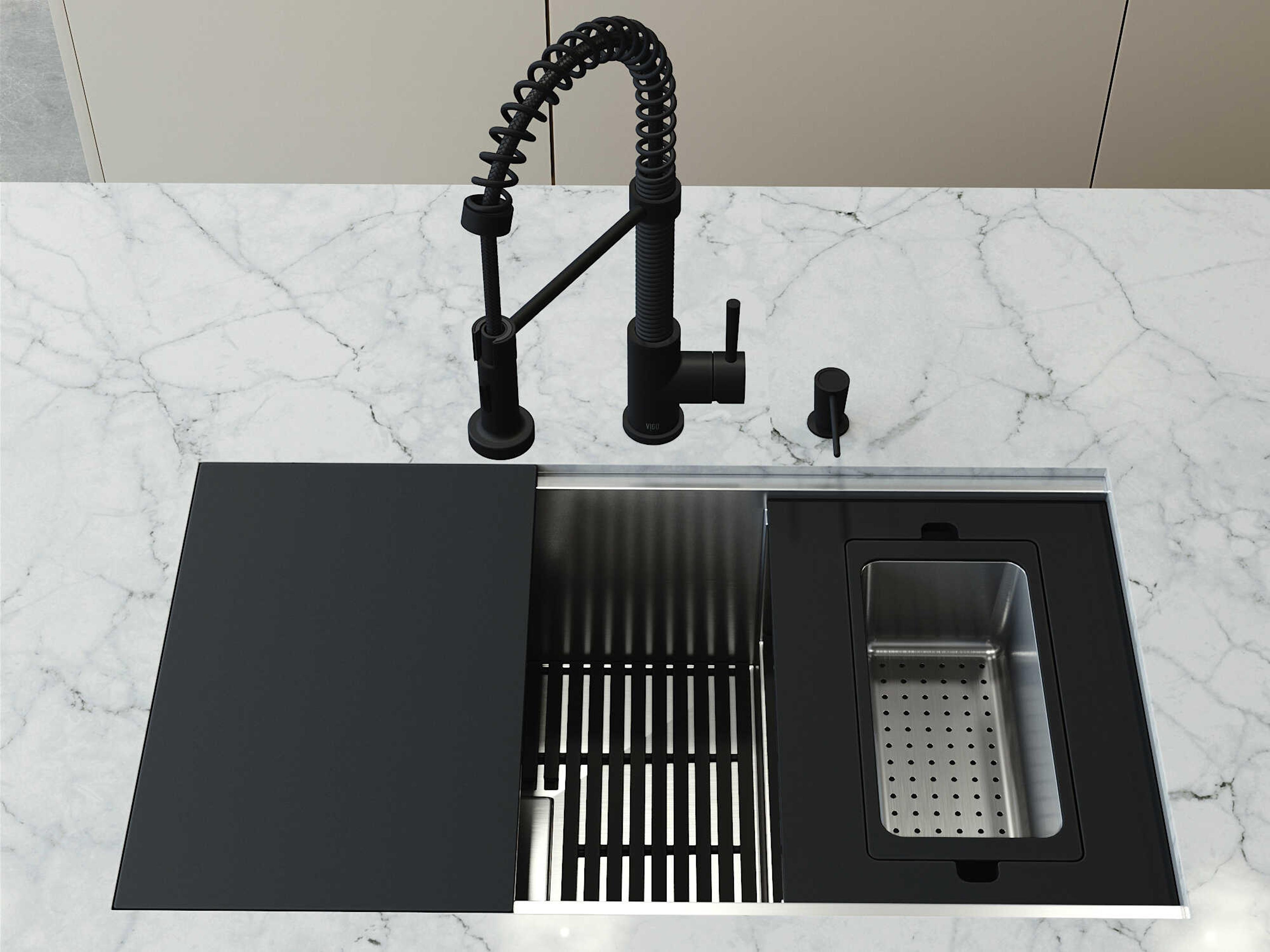 Vigo Hampton Stainless Steel Single Bowl Undermount Workstation Kitchen Sink with Matte Black Faucet and Accessories