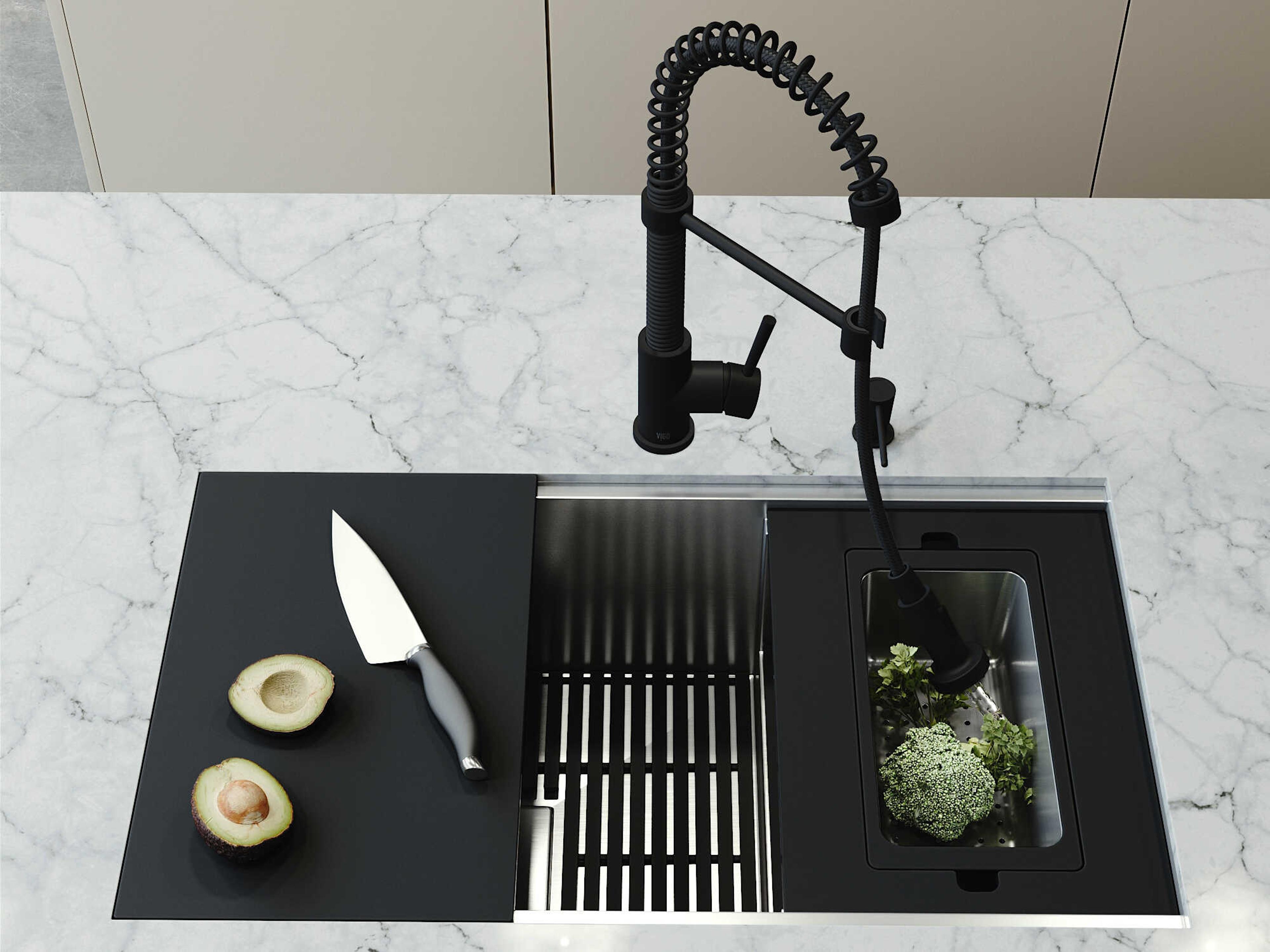 Vigo Hampton Stainless Steel Single Bowl Undermount Workstation Kitchen Sink with Matte Black Faucet and Accessories