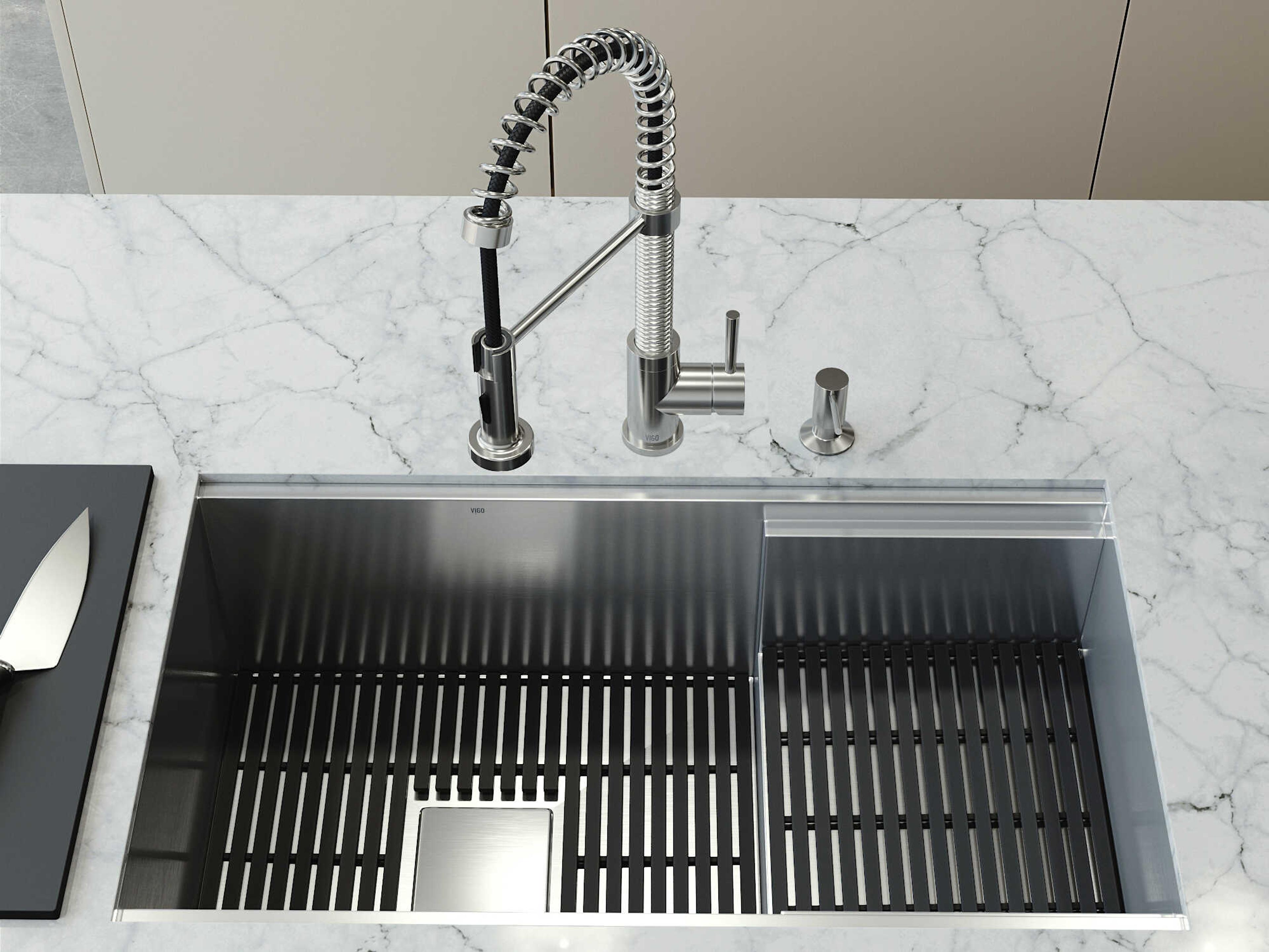 Vigo Hampton Stainless Steel Single Bowl Undermount Utility Tier Workstation Kitchen Sink with Faucet and Accessories