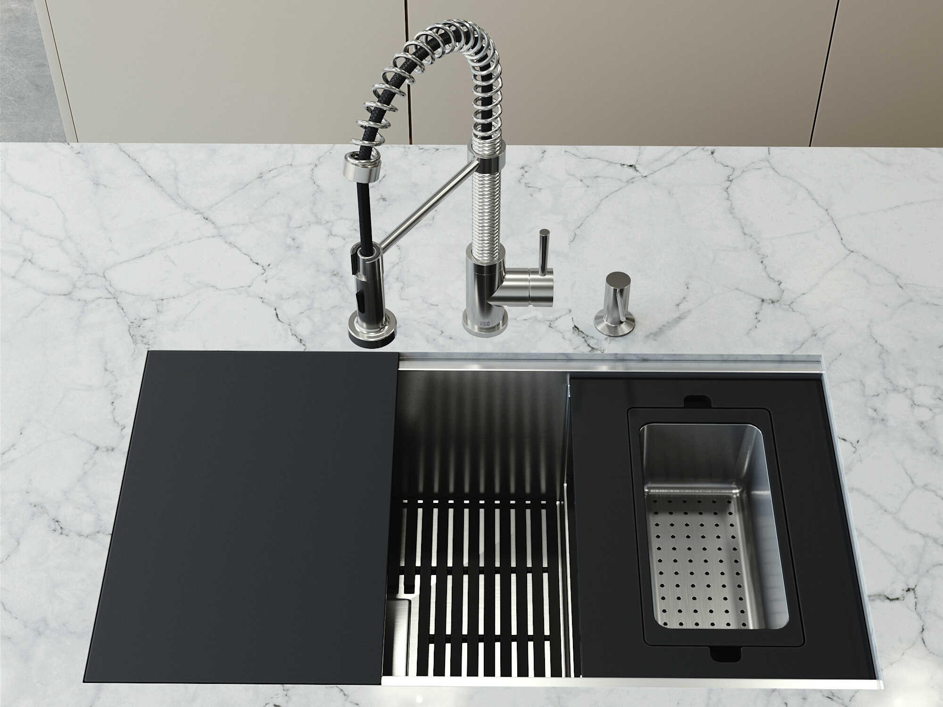 Vigo Hampton Stainless Steel Single Bowl Undermount Utility Tier Workstation Kitchen Sink with Faucet and Accessories