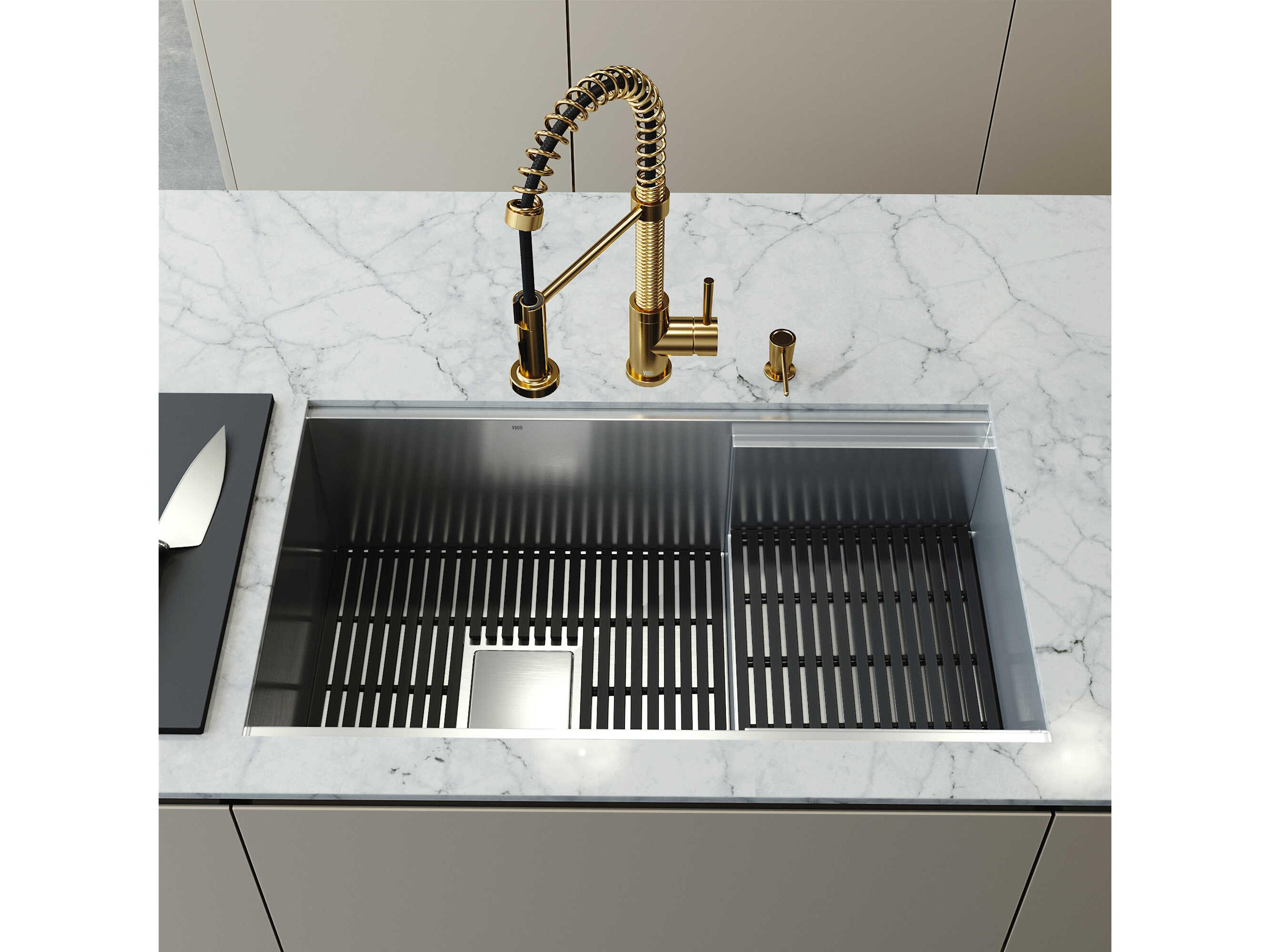 Vigo Hampton Stainless Steel Single Bowl Undermount Workstation Kitchen Sink with Matte Gold Faucet and Accessories