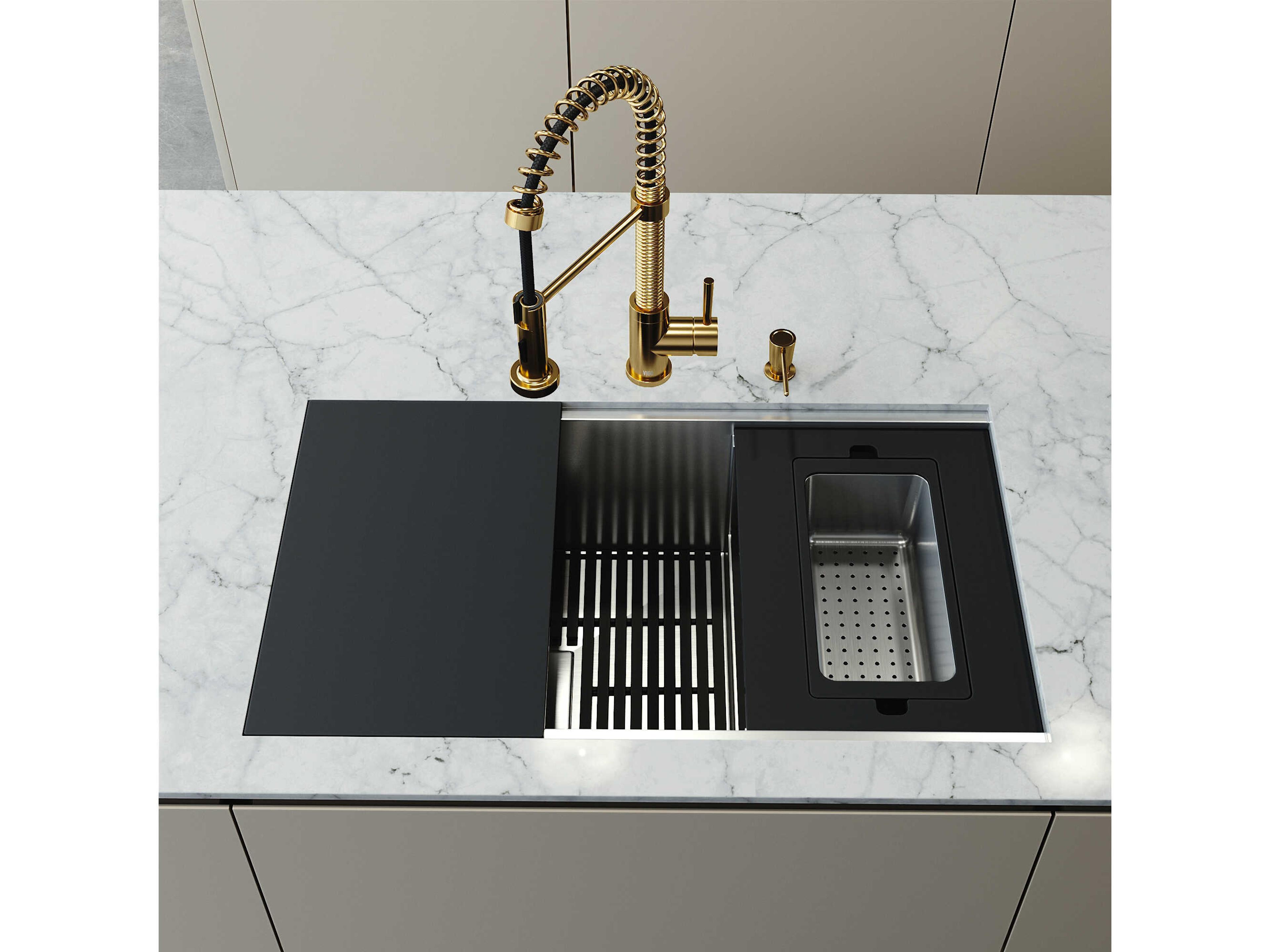 Vigo Hampton Stainless Steel Single Bowl Undermount Workstation Kitchen Sink with Matte Gold Faucet and Accessories