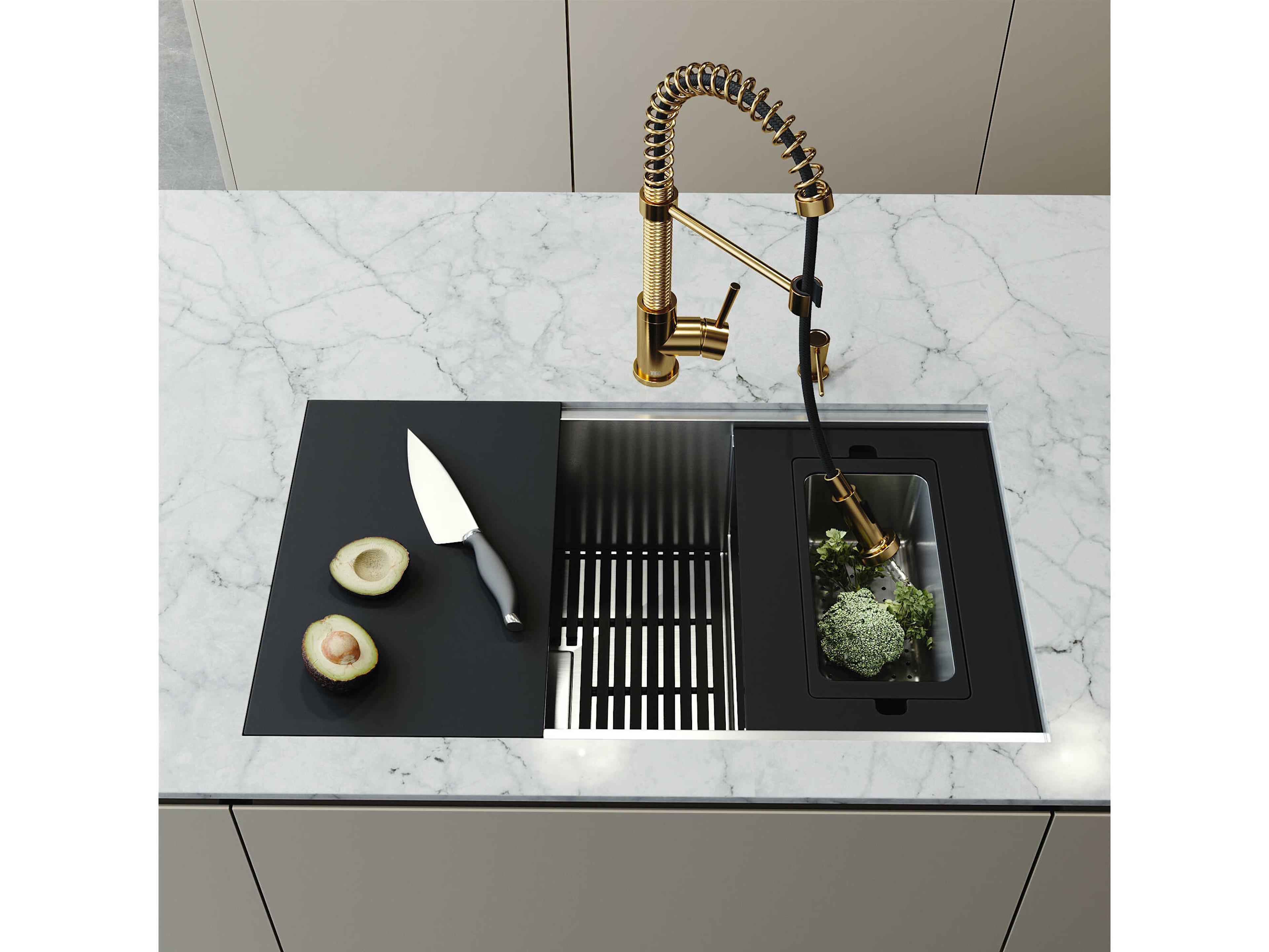 Vigo Hampton Stainless Steel Single Bowl Undermount Workstation Kitchen Sink with Matte Gold Faucet and Accessories