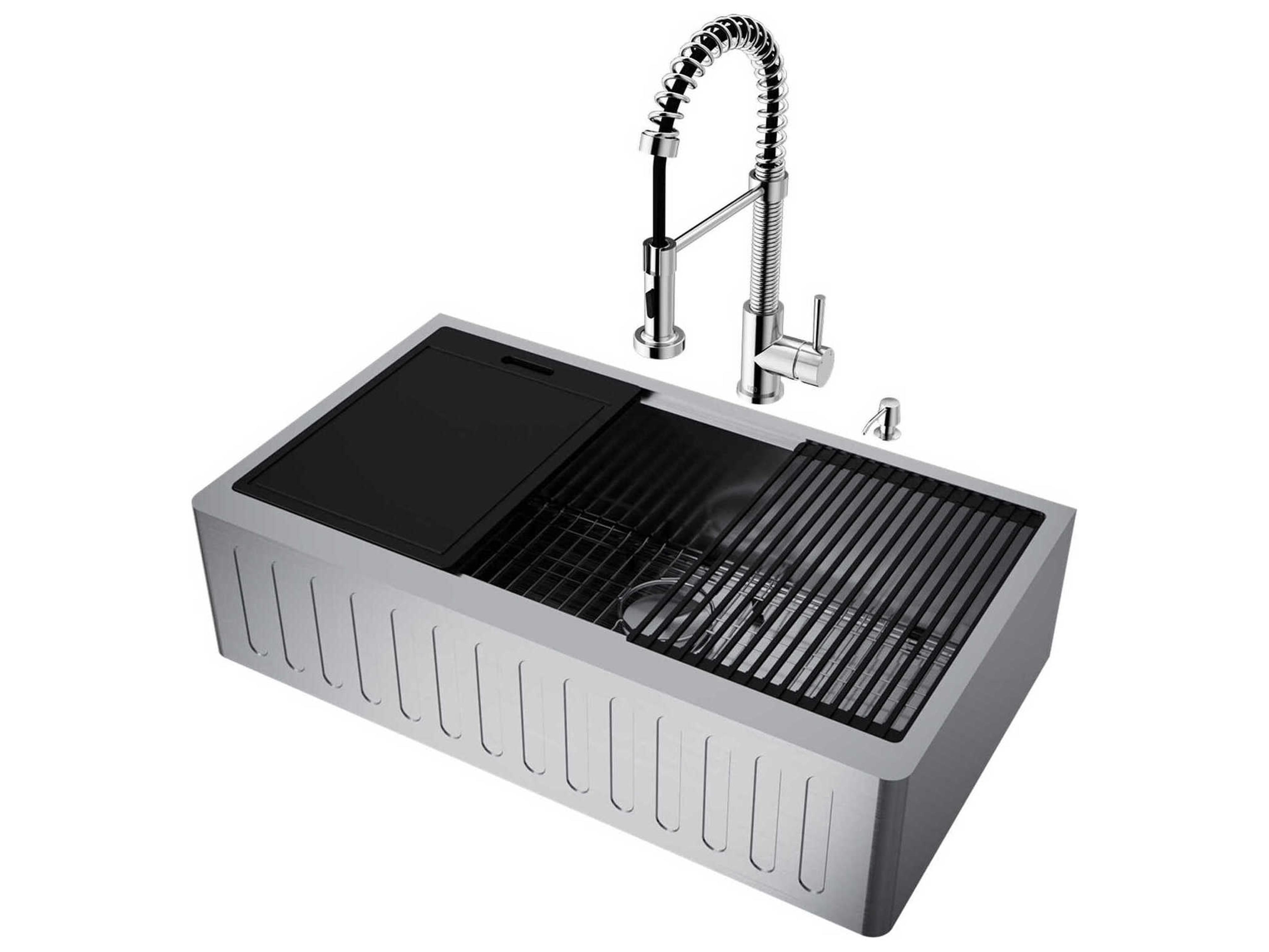 Oxford Stainless Steel 36" Rectangular Single-Bowl Undermount Slotted-Front Farmhouse Kitchen Sink with Chrome Pull-Down Sprayer Edison Kitchen Faucet and Soap Dispenser