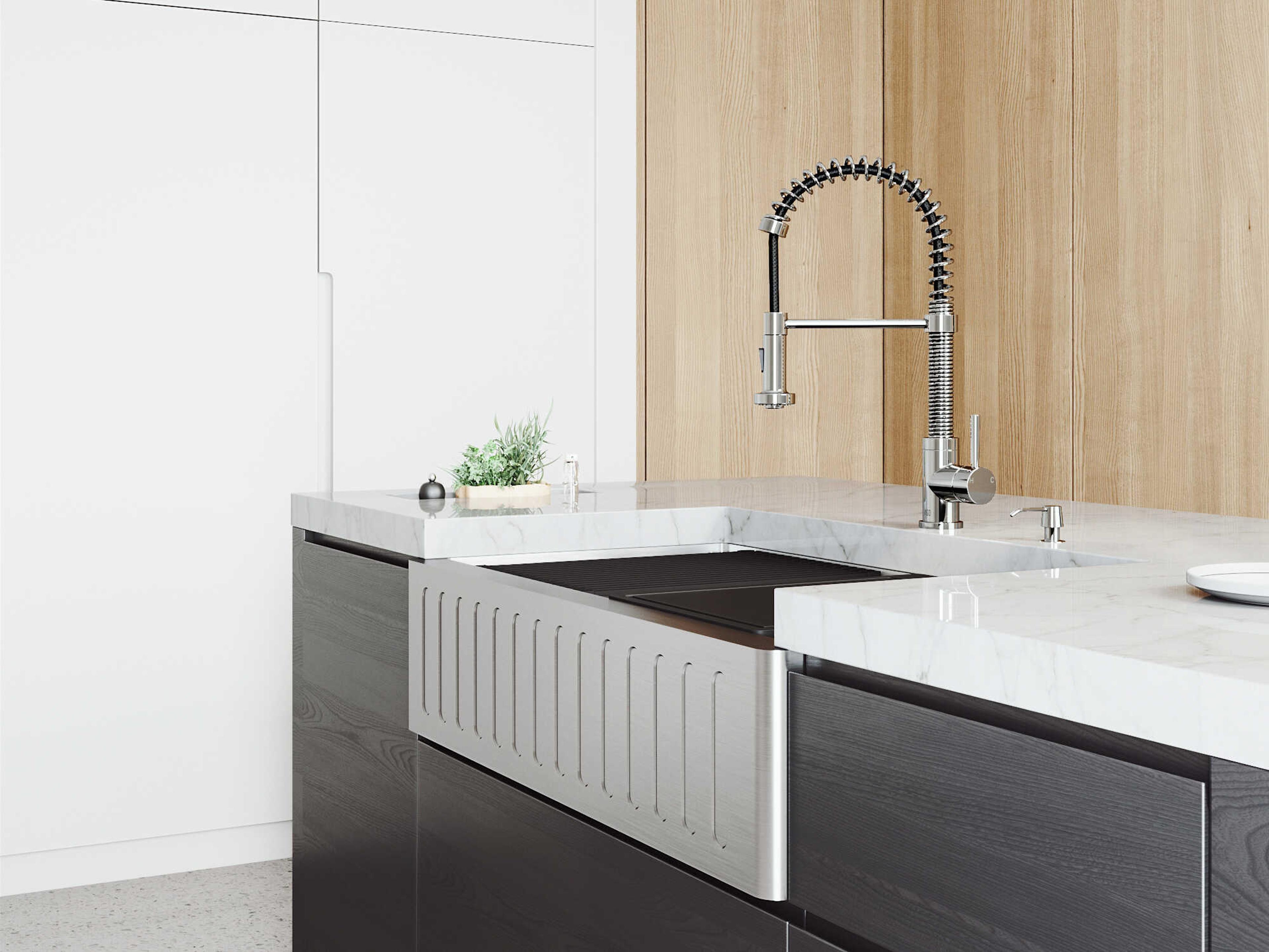 Vigo Oxford Stainless Steel 36" Rectangular Single-Bowl Undermount Slotted-Front Farmhouse Kitchen Sink with Chrome Pull-Down Sprayer Edison Kitchen Faucet and Soap Dispenser