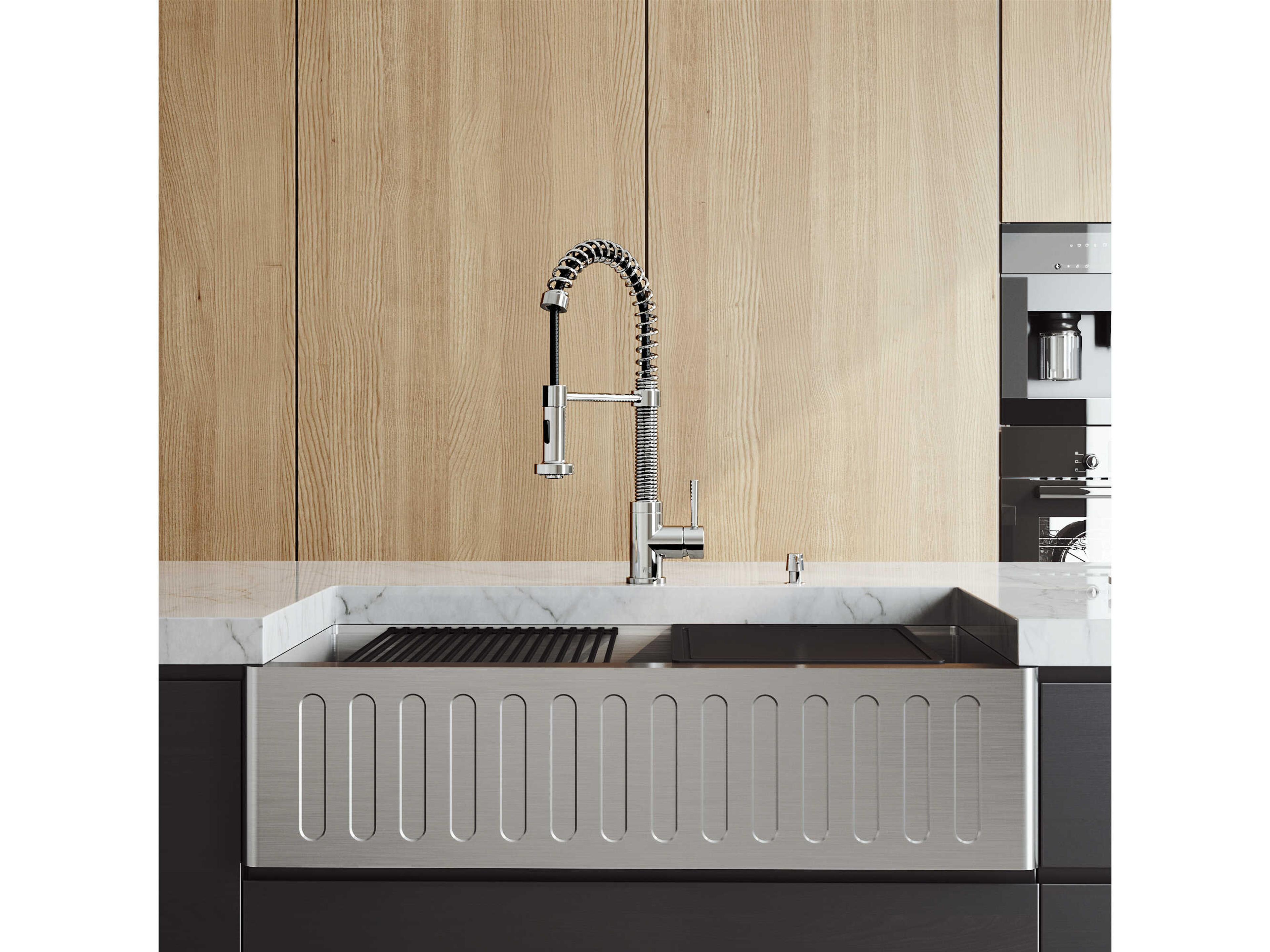 Vigo Oxford Stainless Steel 36" Rectangular Single-Bowl Undermount Slotted-Front Farmhouse Kitchen Sink with Chrome Pull-Down Sprayer Edison Kitchen Faucet and Soap Dispenser