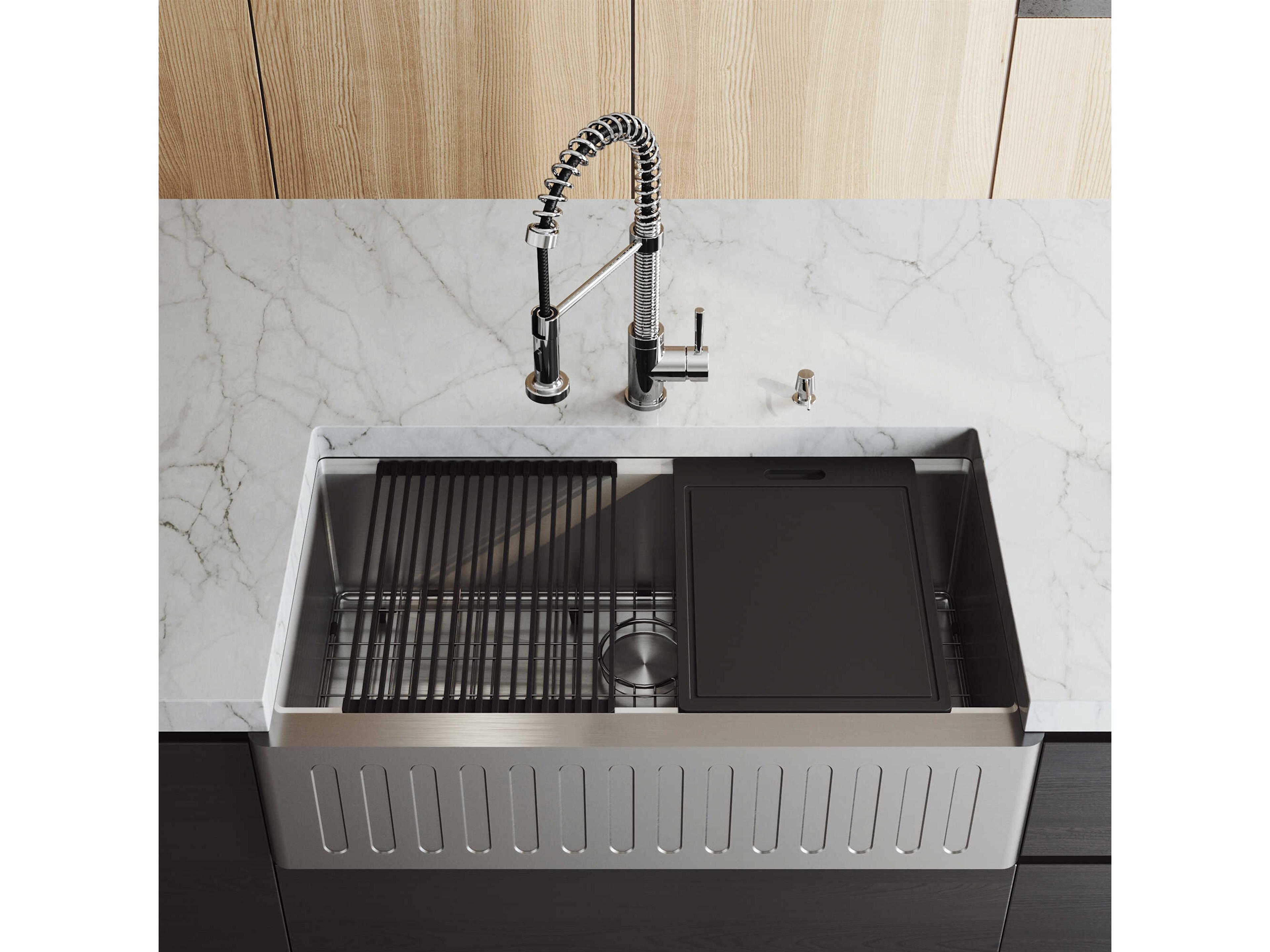 Vigo Oxford Stainless Steel 36" Rectangular Single-Bowl Undermount Slotted-Front Farmhouse Kitchen Sink with Chrome Pull-Down Sprayer Edison Kitchen Faucet and Soap Dispenser