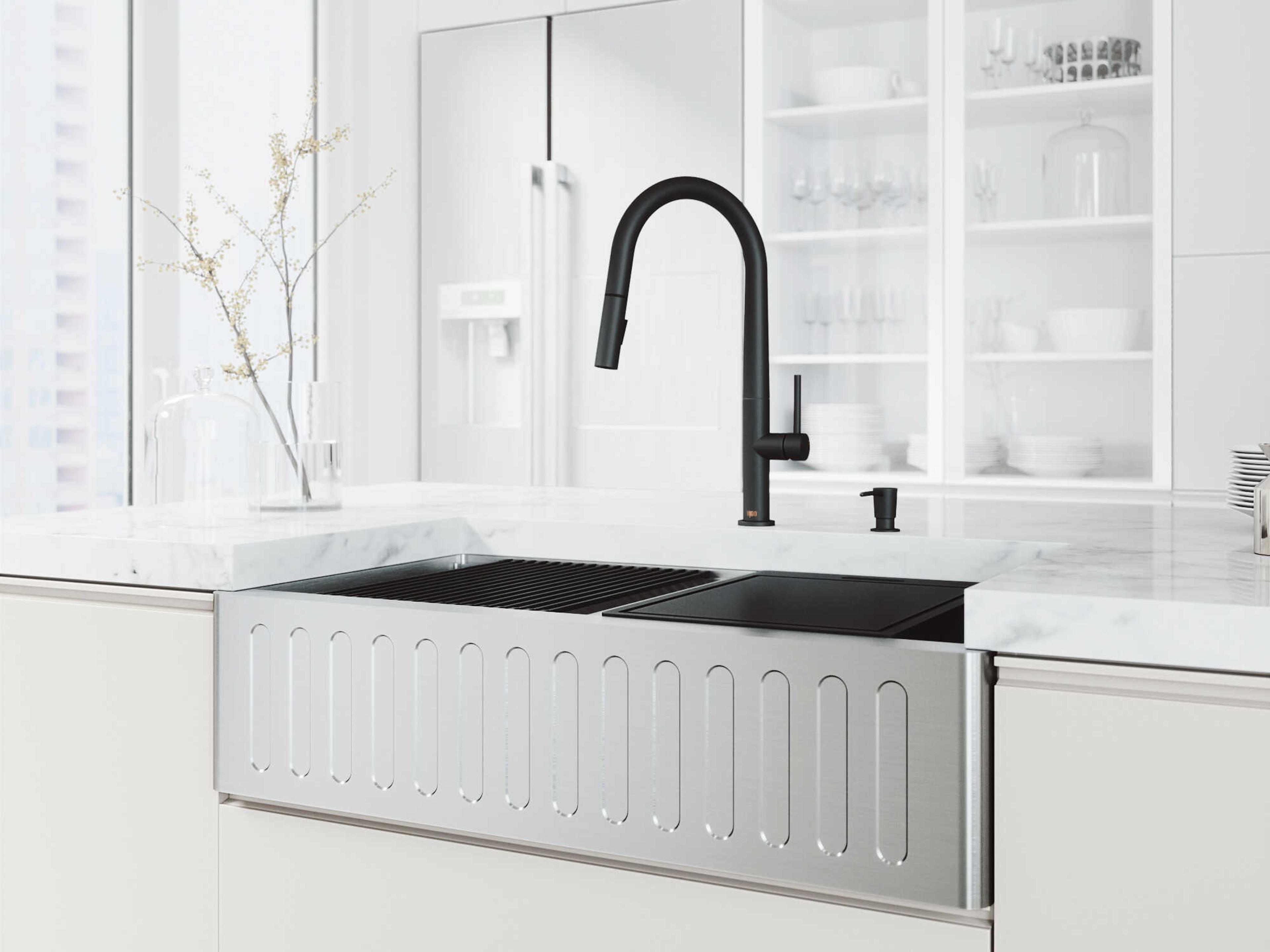 Vigo Oxford Stainless Steel 36" Rectangular Double-Bowl Undermount Slotted-Front Farmhouse Kitchen Sink with Matte Black Pull-Down Sprayer Greenwich Faucet and Soap Dispenser