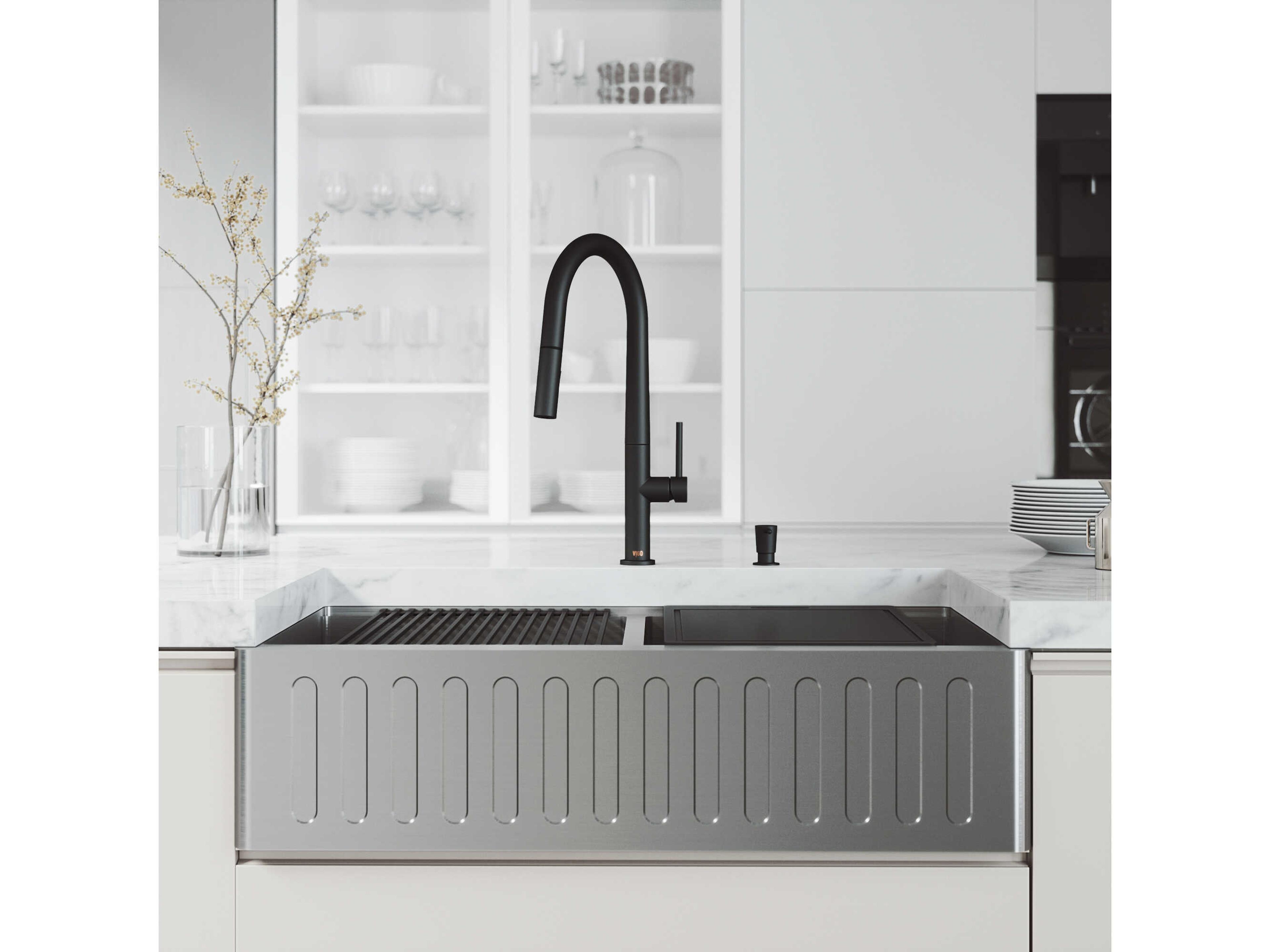 Vigo Oxford Stainless Steel 36" Rectangular Double-Bowl Undermount Slotted-Front Farmhouse Kitchen Sink with Matte Black Pull-Down Sprayer Greenwich Faucet and Soap Dispenser