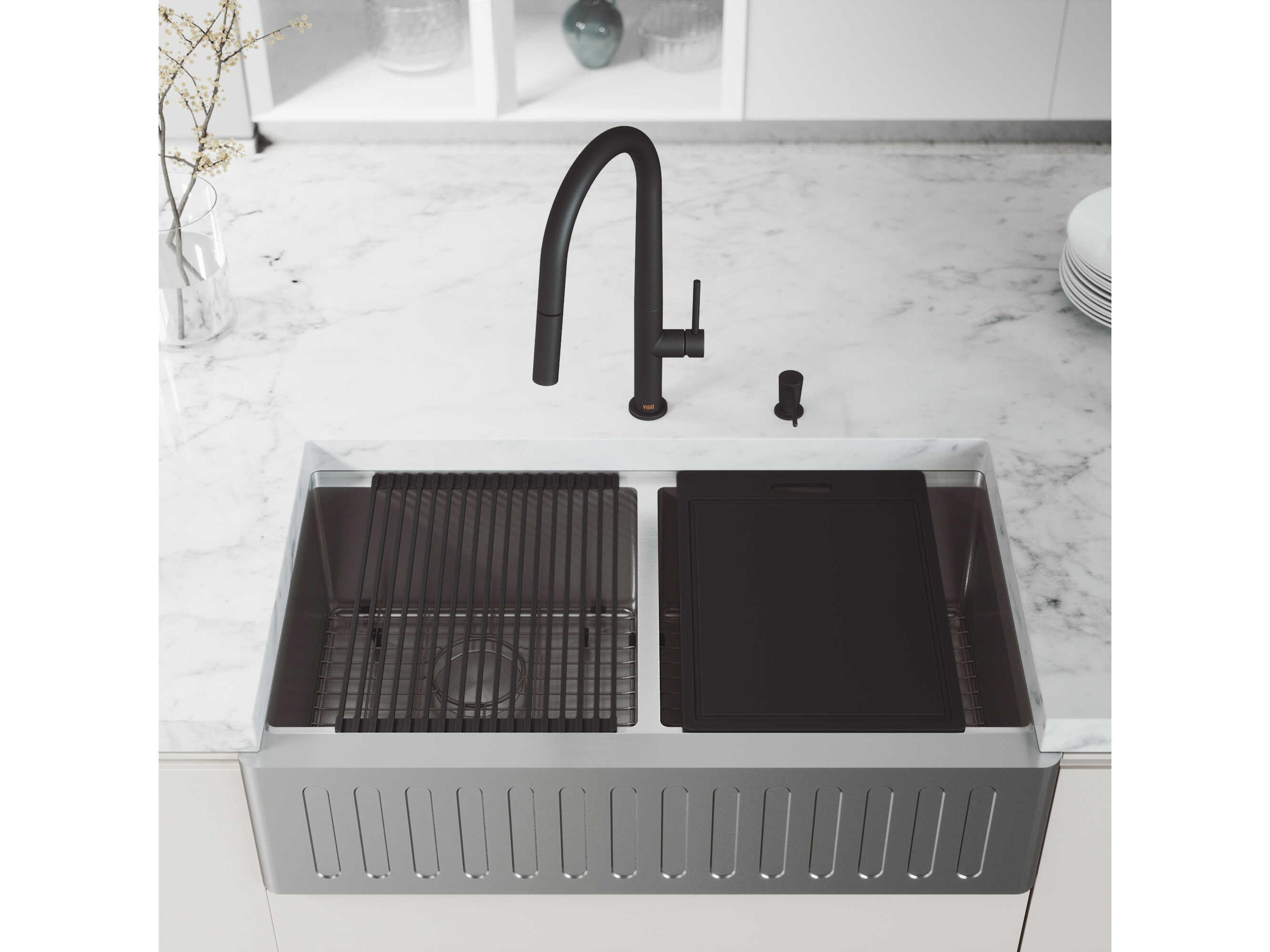 Vigo Oxford Stainless Steel 36" Rectangular Double-Bowl Undermount Slotted-Front Farmhouse Kitchen Sink with Matte Black Pull-Down Sprayer Greenwich Faucet and Soap Dispenser