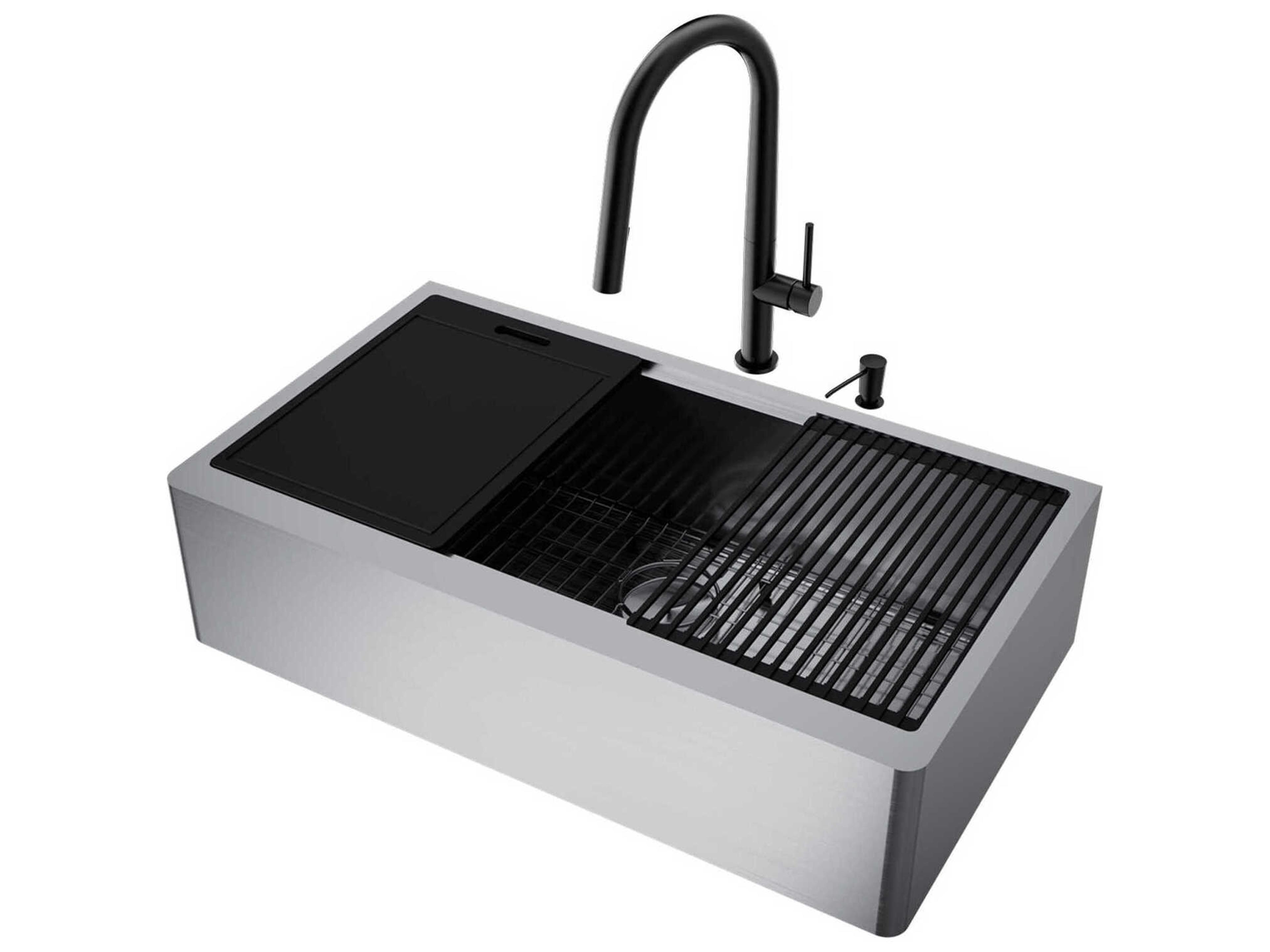 Oxford Stainless Steel 36" Rectangular Single-Bowl Undermount Flat-Front Farmhouse Kitchen Sink with Matte Black Pull-Down Sprayer Greenwich Faucet and Soap Dispenser