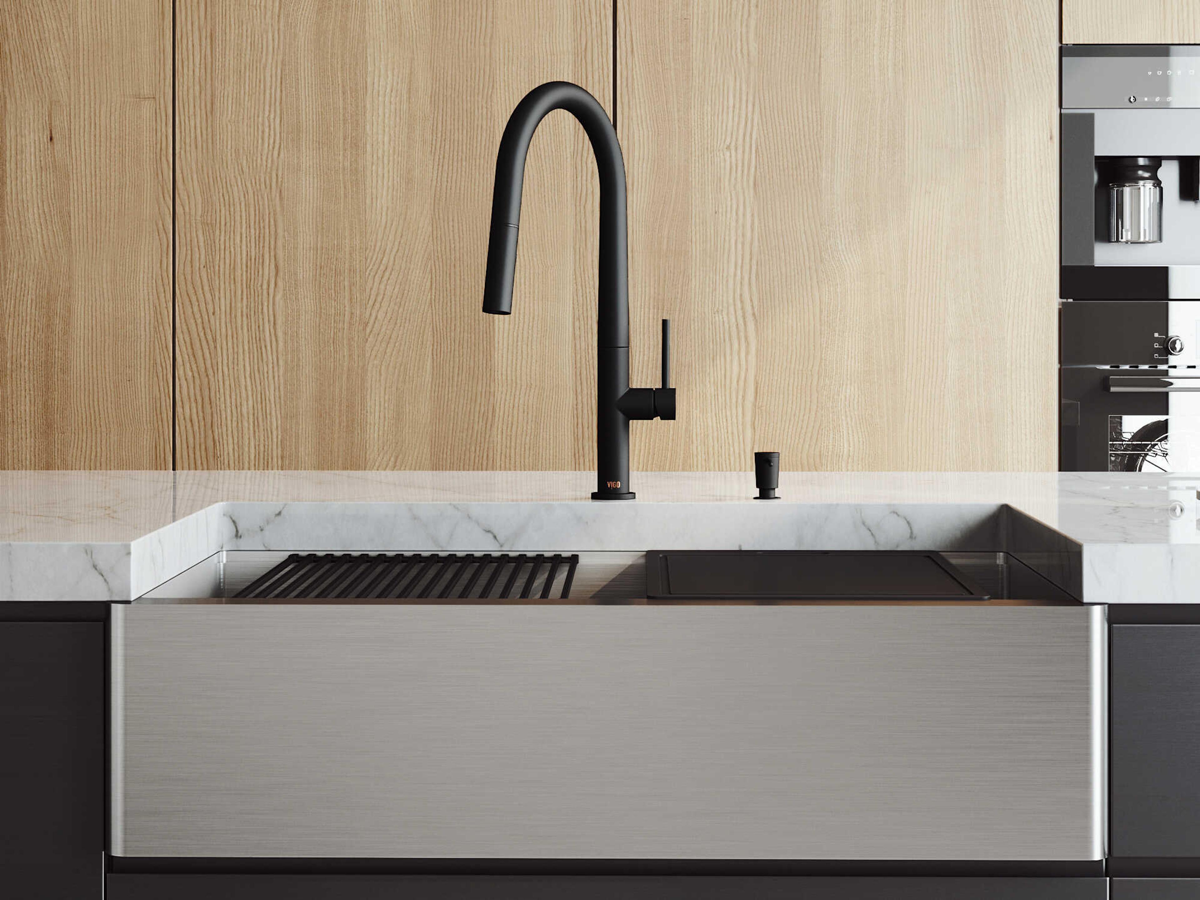 Vigo Oxford Stainless Steel 36" Rectangular Single-Bowl Undermount Flat-Front Farmhouse Kitchen Sink with Matte Black Pull-Down Sprayer Greenwich Faucet and Soap Dispenser