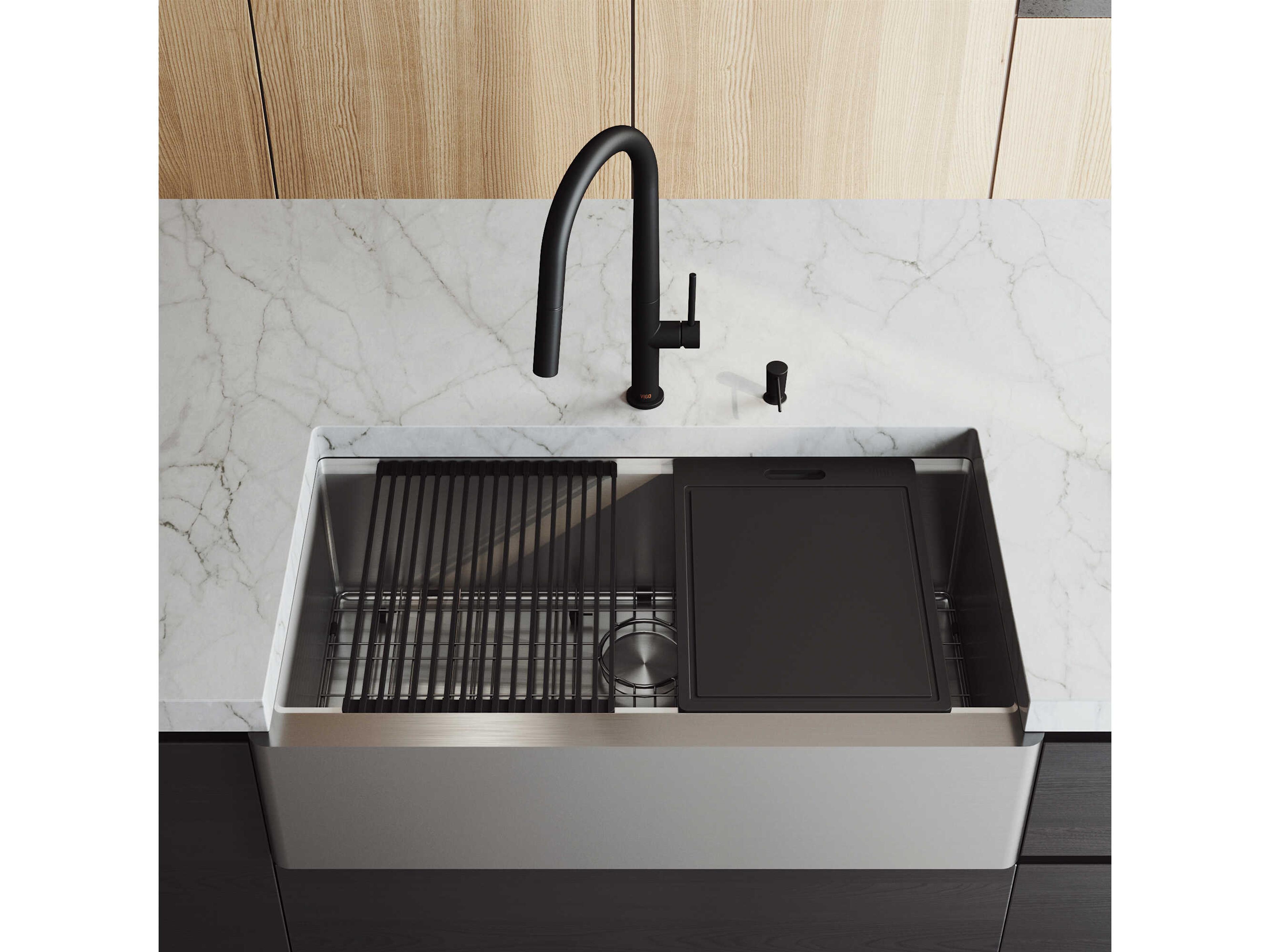 Vigo Oxford Stainless Steel 36" Rectangular Single-Bowl Undermount Flat-Front Farmhouse Kitchen Sink with Matte Black Pull-Down Sprayer Greenwich Faucet and Soap Dispenser